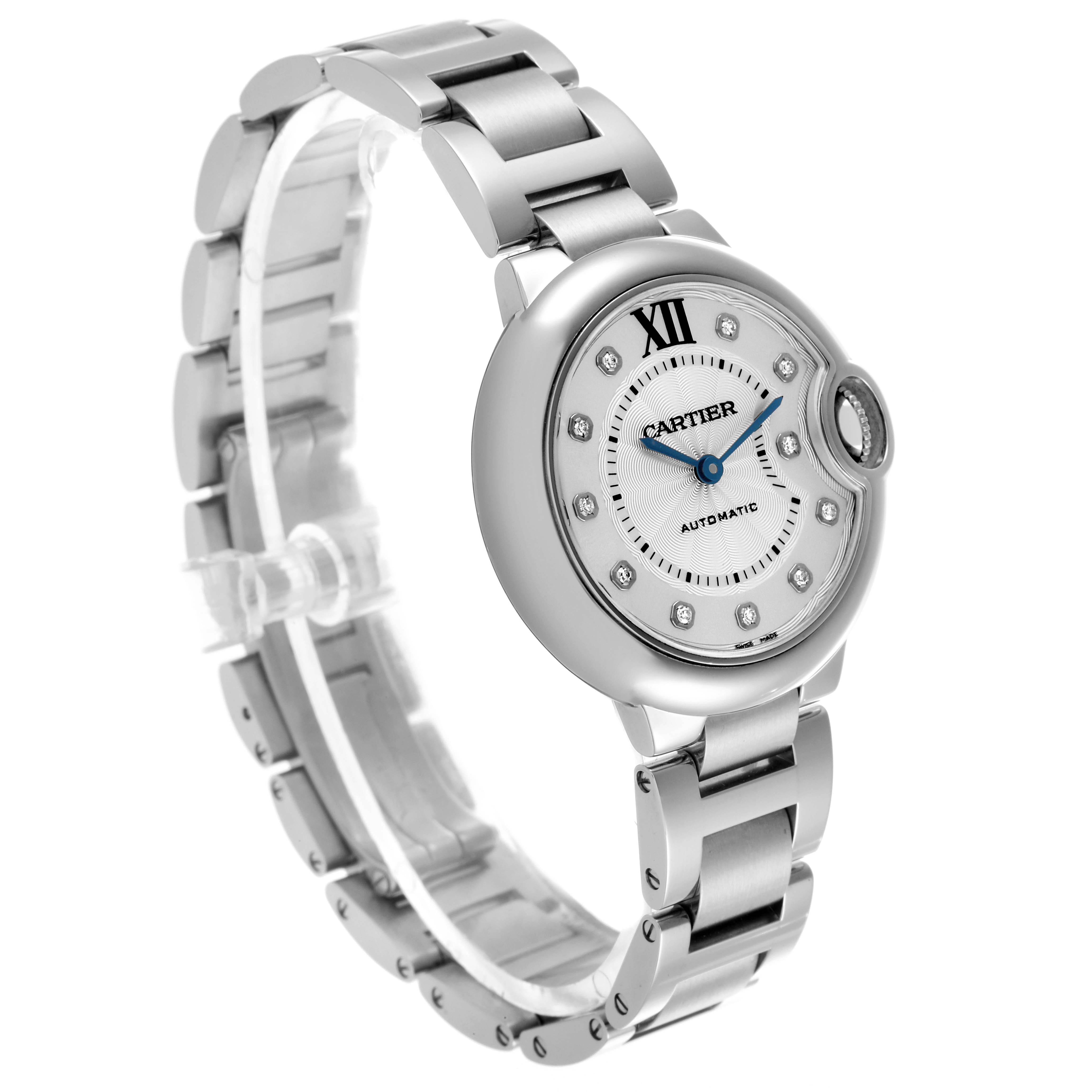 The Cartier Ballon Bleu WE902074 Women
s Stainless Steel Silver Dial WE902074 Women
s Stainless Steel Silver Dial watch is shown at a three-quarter angle, highlighting the dial, crown, and bracelet.