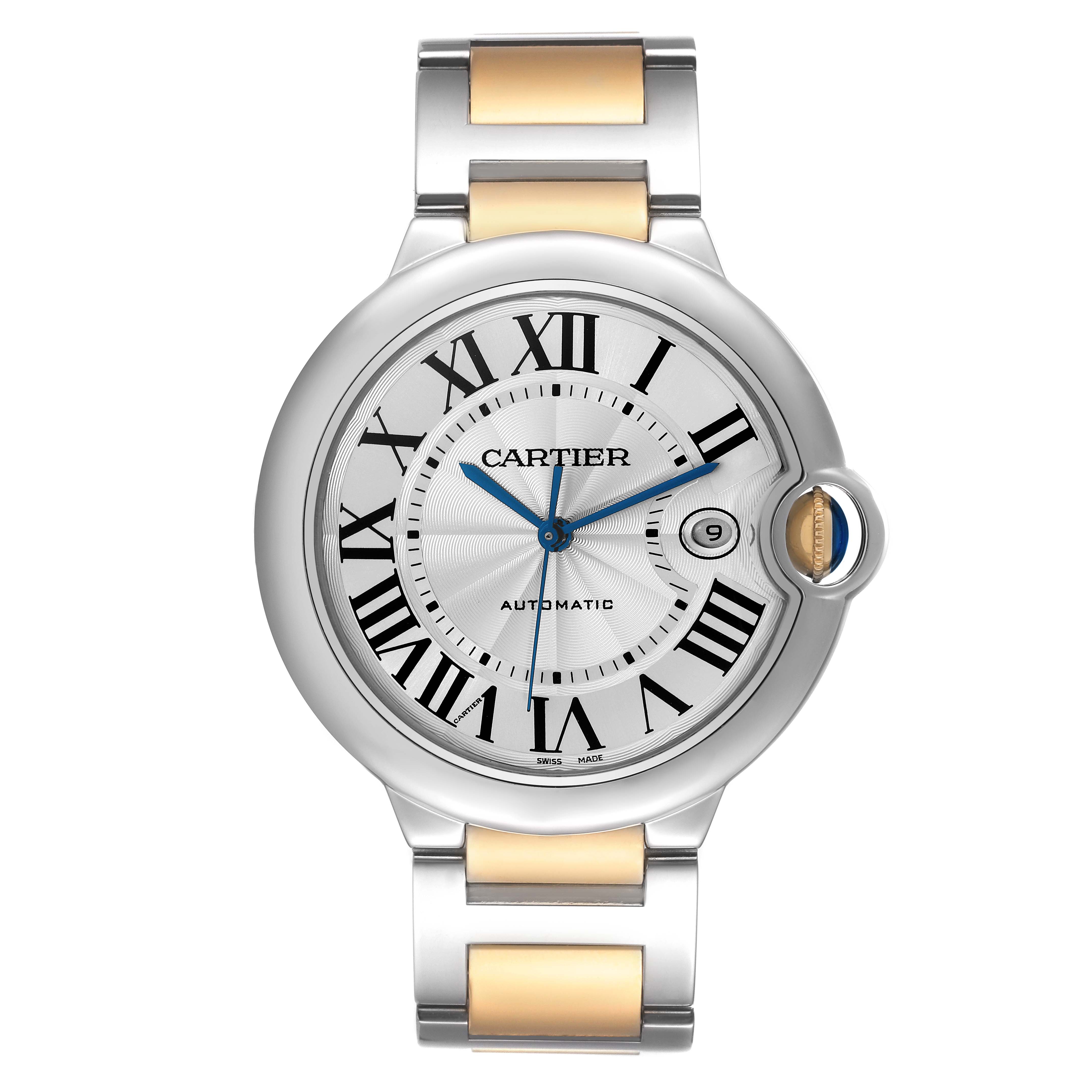 The image shows a front-facing view of the Cartier Ballon Bleu W2BB0022 Men
s Stainless Steel Silver Dial W2BB0022 Men
s Stainless Steel Silver Dial watch, highlighting its dial, bracelet, and crown.