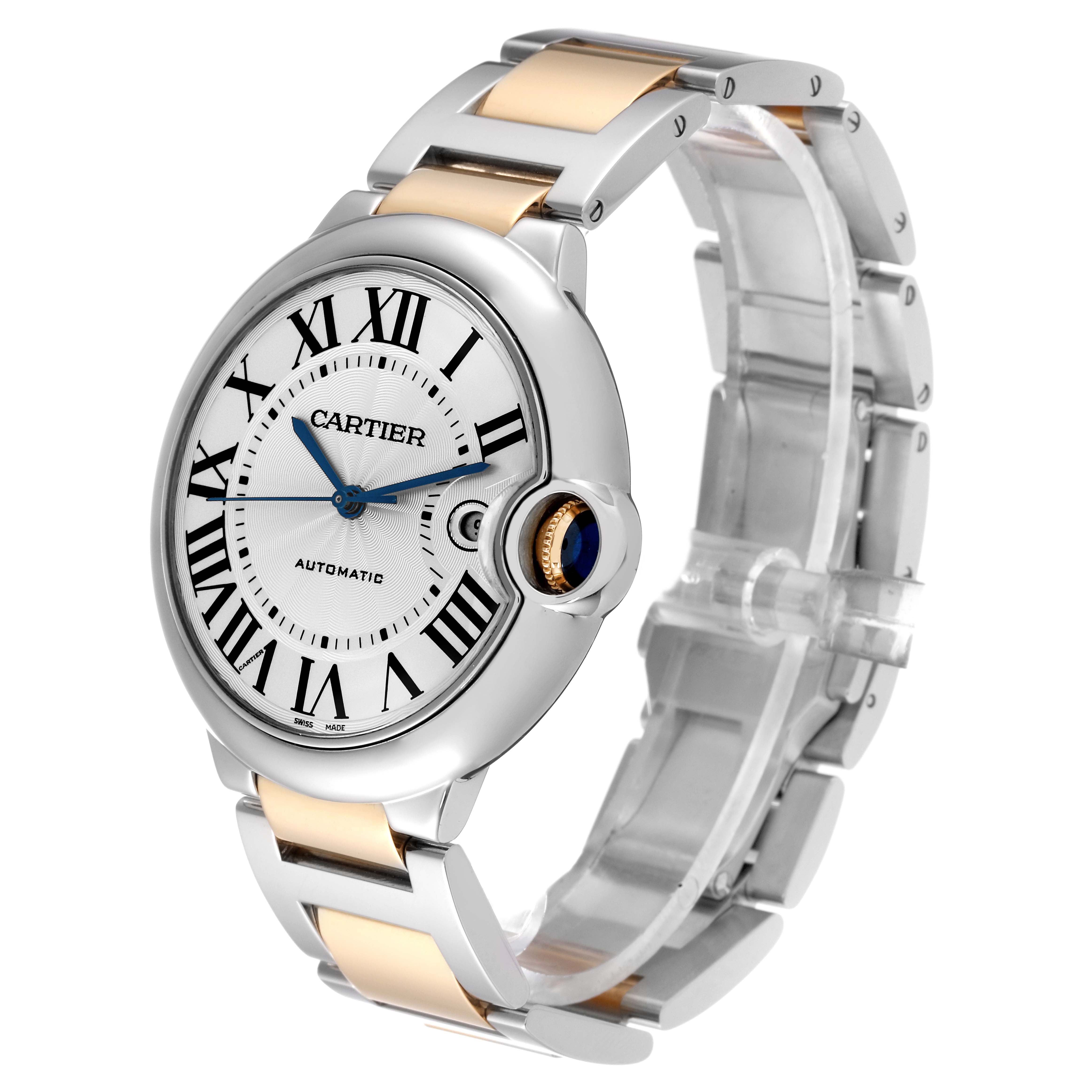 The image shows a Cartier Ballon Bleu W2BB0022 Men
s Stainless Steel Silver Dial W2BB0022 Men
s Stainless Steel Silver Dial watch from a front-side angle, highlighting its face, bezel, and two-tone bracelet.