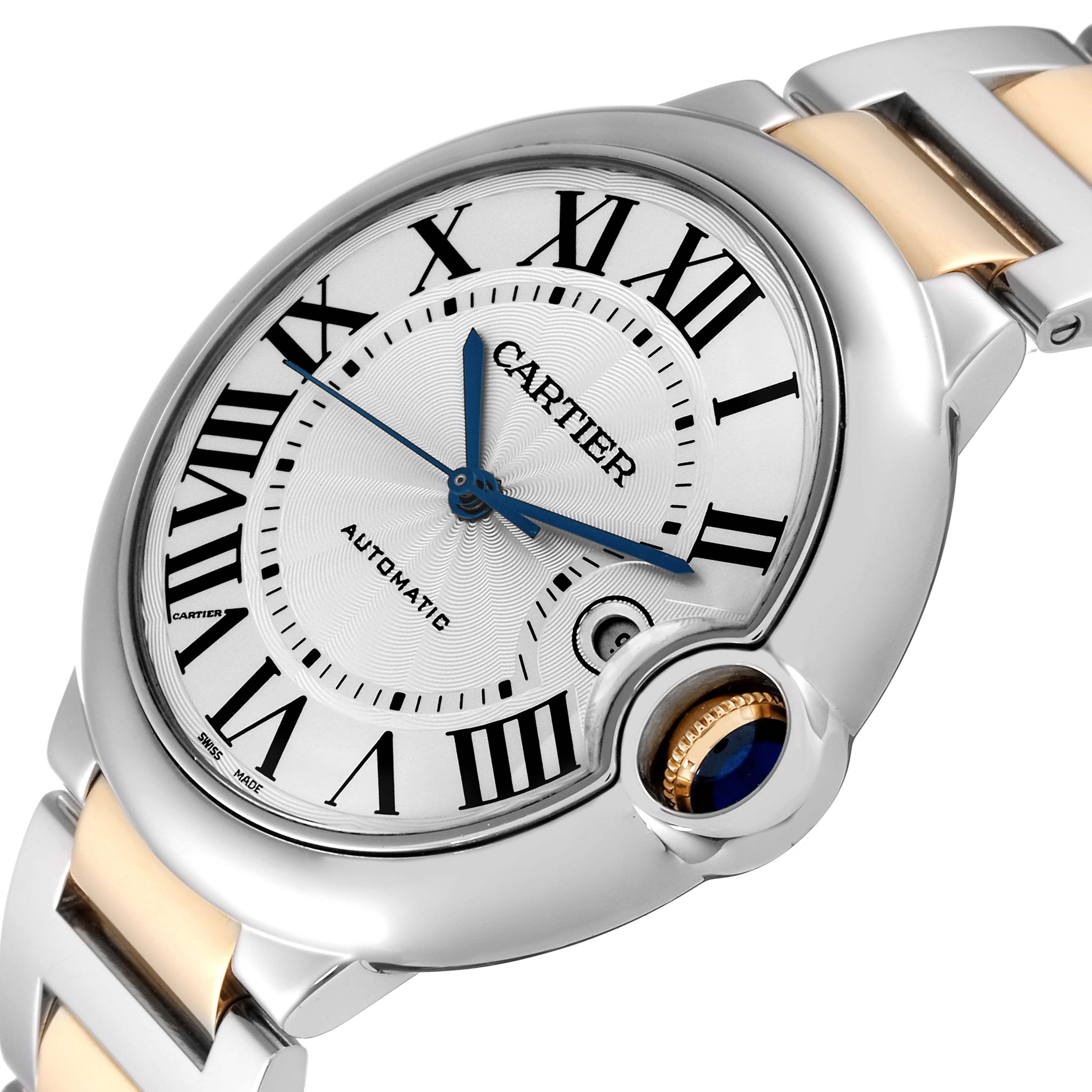 The image shows a close-up of the Ballon Bleu de Cartier watch, highlighting the dial, crown, and part of the bracelet.