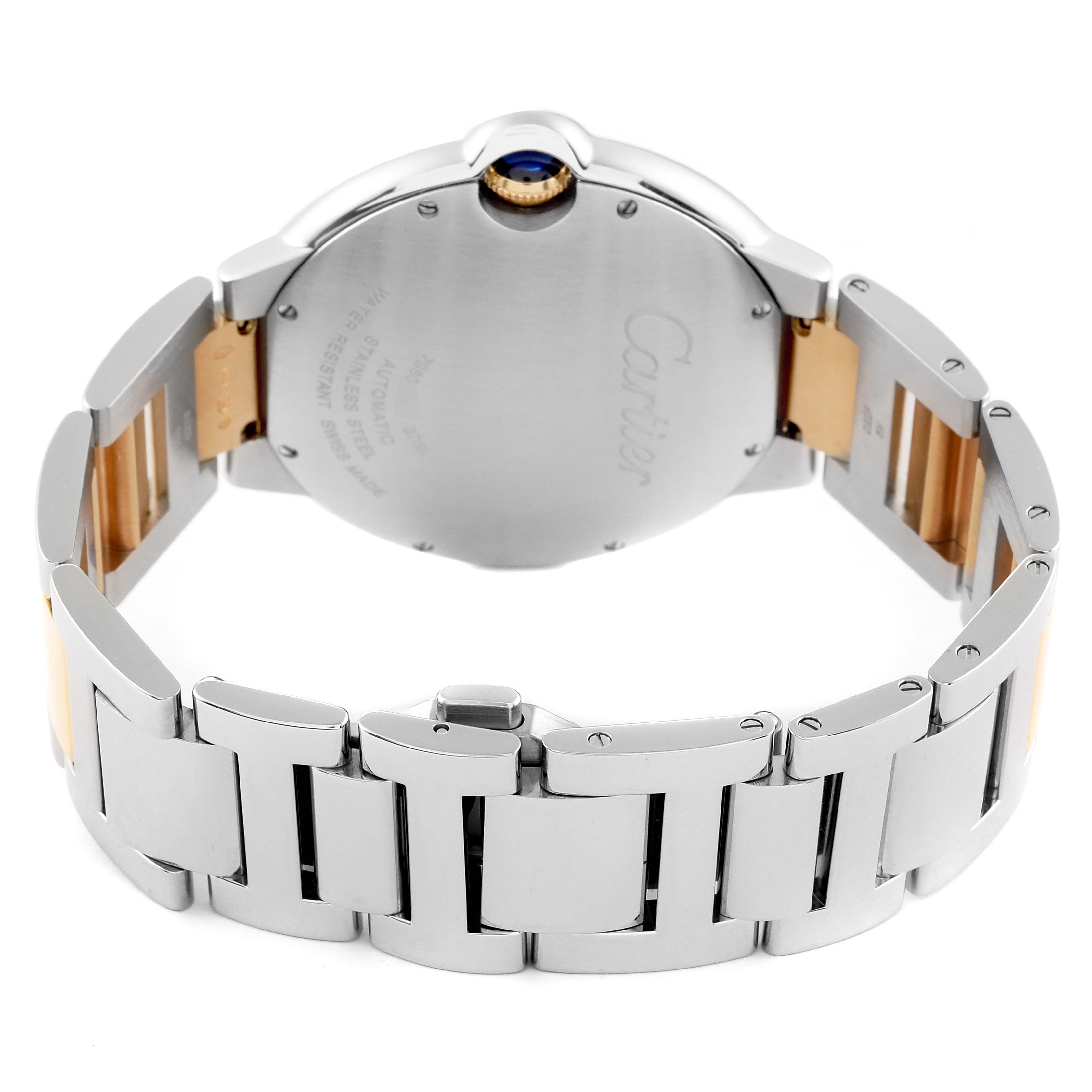 The image shows the back view of a Cartier Ballon Bleu W2BB0022 Men
s Stainless Steel Silver Dial W2BB0022 Men
s Stainless Steel Silver Dial watch, highlighting its clasp, bracelet, and case back.