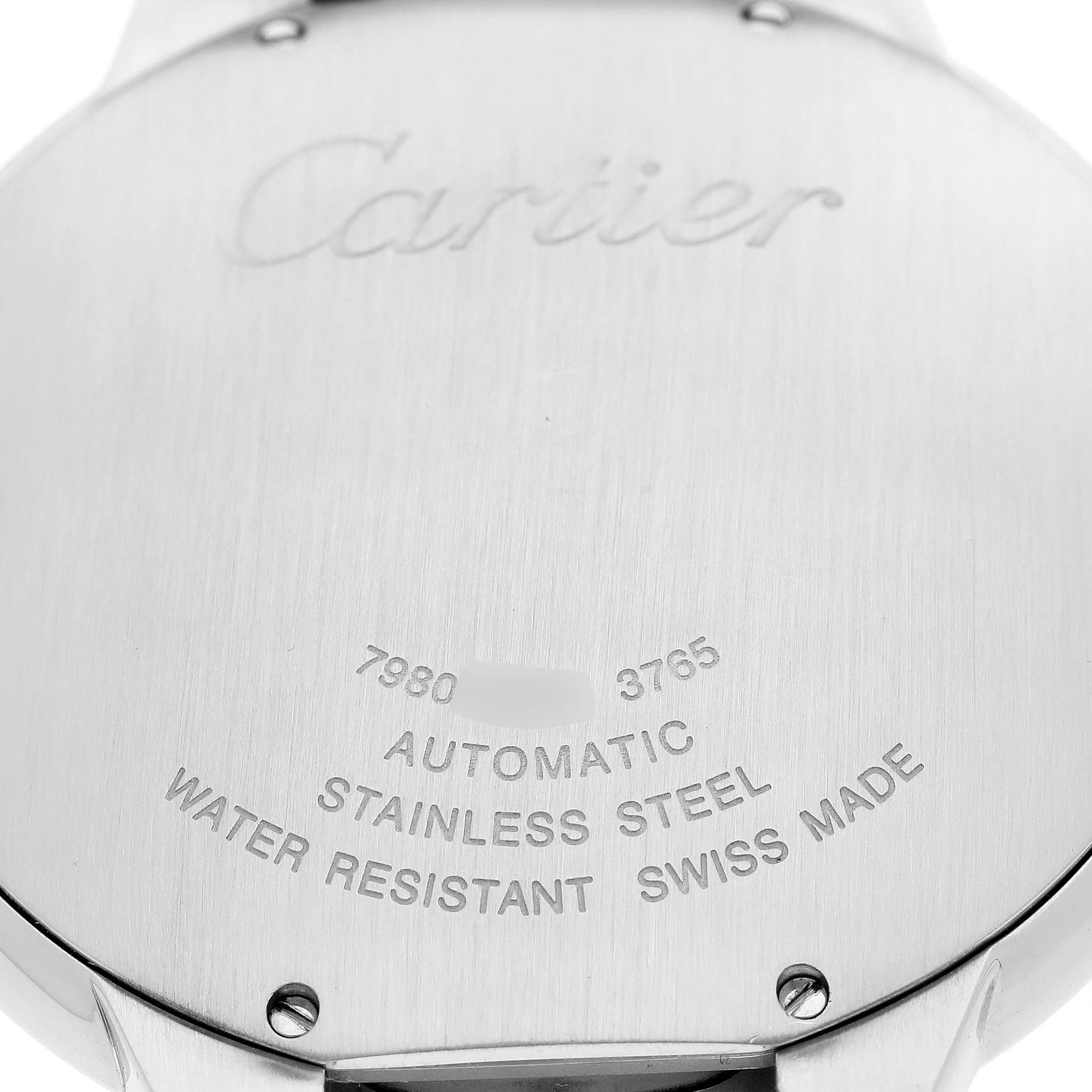 This image shows the stainless steel back case of a Cartier Ballon Bleu W2BB0022 Men
s Stainless Steel Silver Dial W2BB0022 Men
s Stainless Steel Silver Dial watch, highlighting the engraved details and serial numbers.