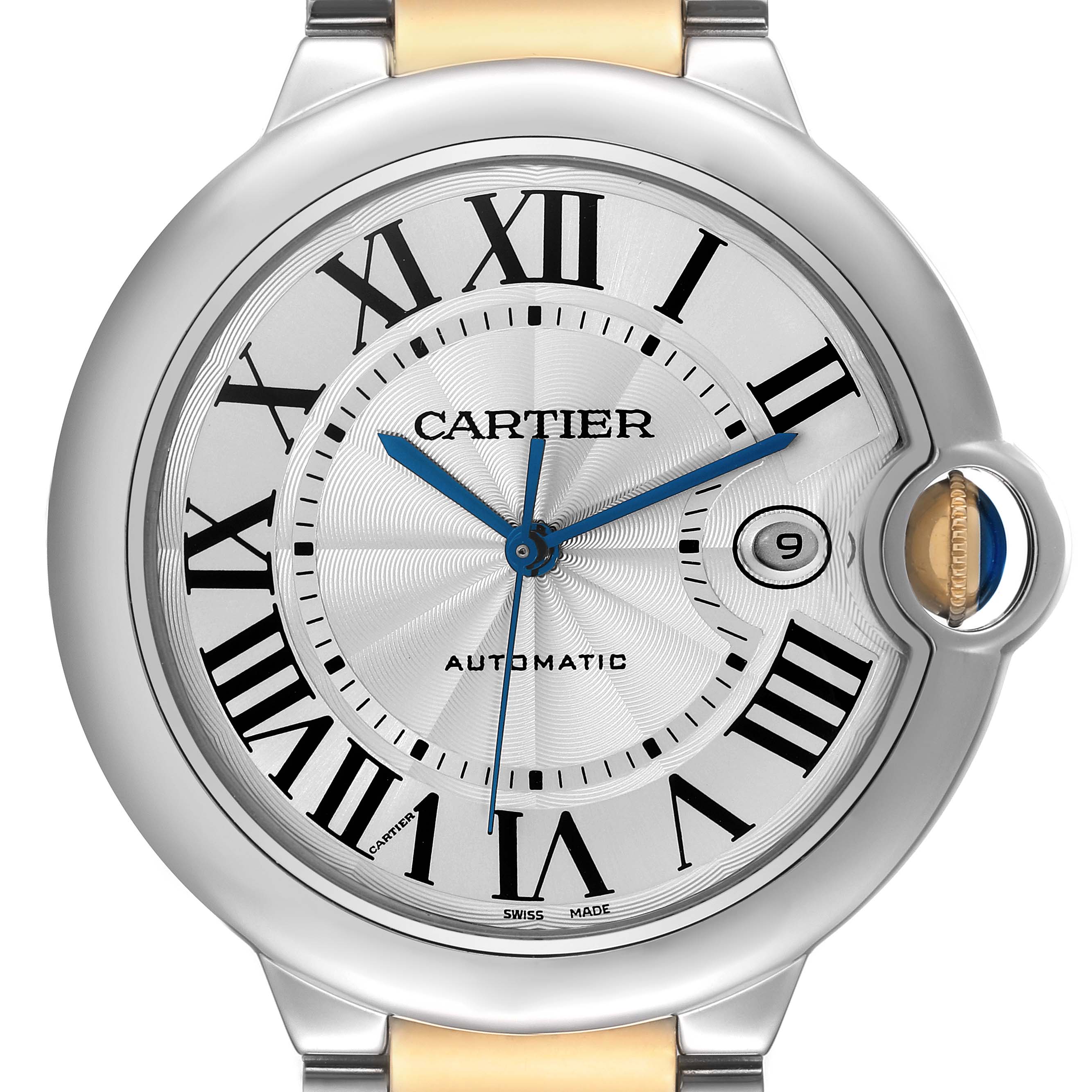 This image shows a frontal view of the Cartier Ballon Bleu W2BB0022 Men
s Stainless Steel Silver Dial W2BB0022 Men
s Stainless Steel Silver Dial watch, highlighting the dial, hands, and rounded crown.