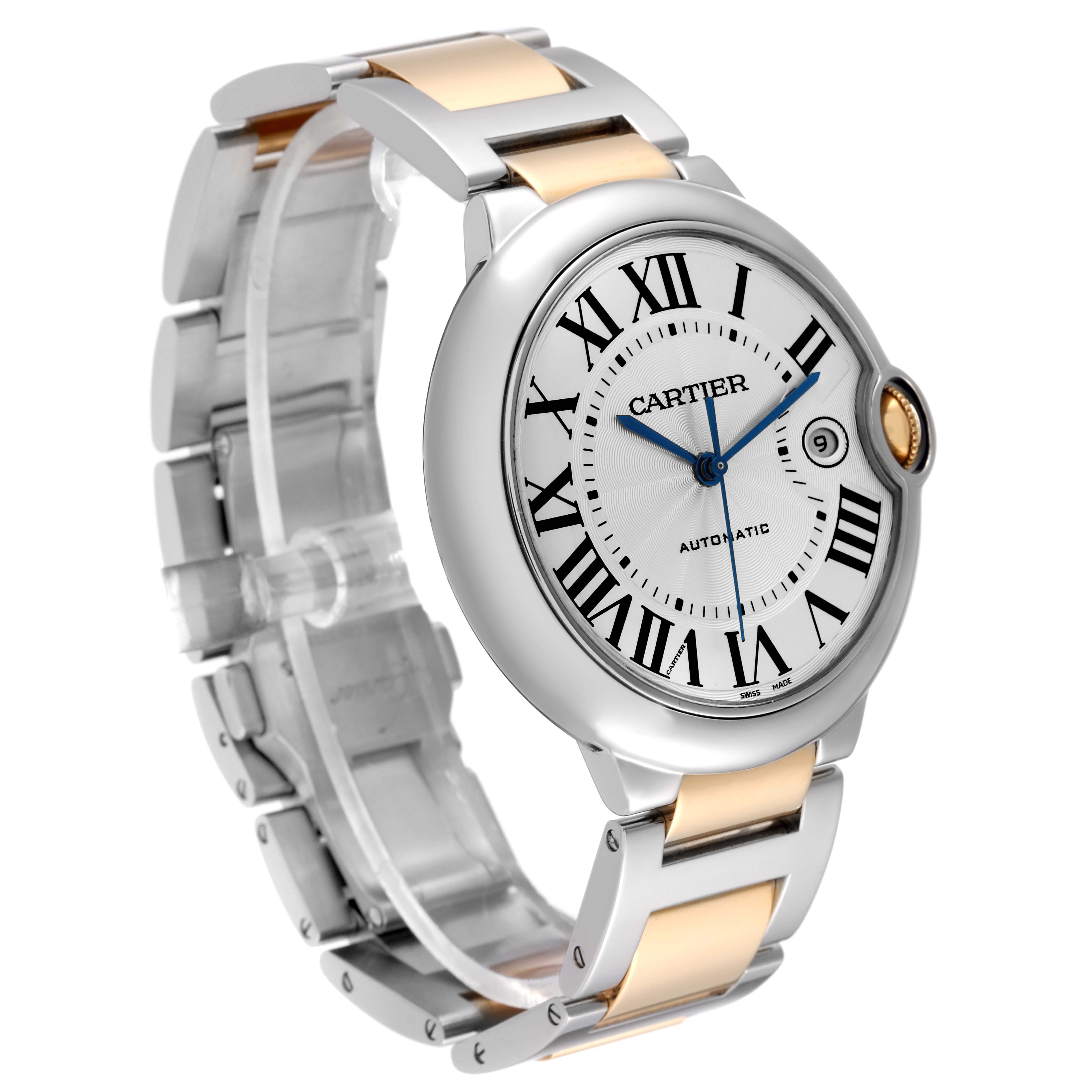 The image shows a side angle of a Cartier Ballon Bleu W2BB0022 Men
s Stainless Steel Silver Dial W2BB0022 Men
s Stainless Steel Silver Dial watch, highlighting its face, crown, and bracelet.