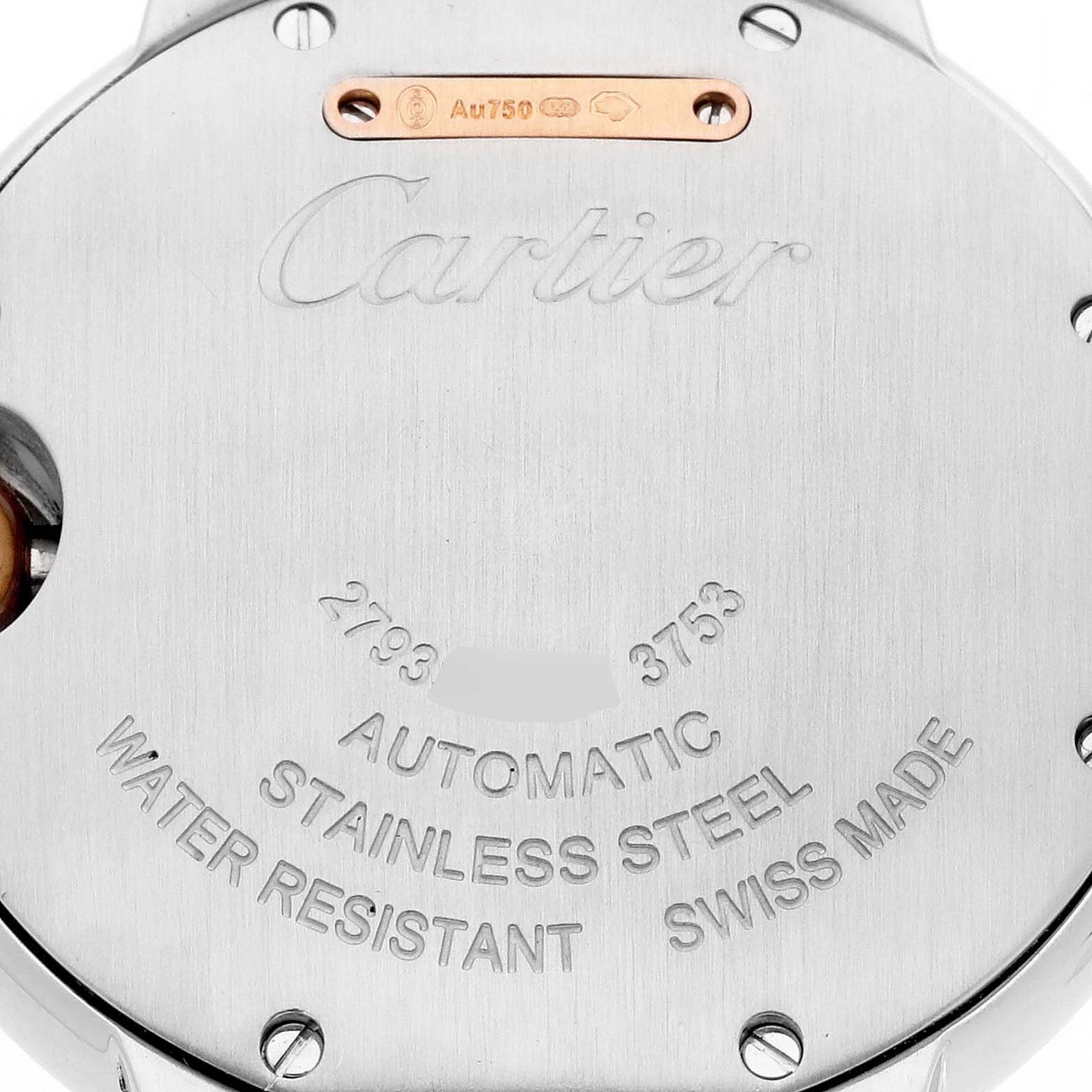 The image shows the back of a Cartier Ballon Bleu WE902077 Women
s Steel and Gold (two tone) Silver Dial WE902077 Women
s Steel and Gold (two tone) Silver Dial watch, highlighting its engravings and stainless steel material.