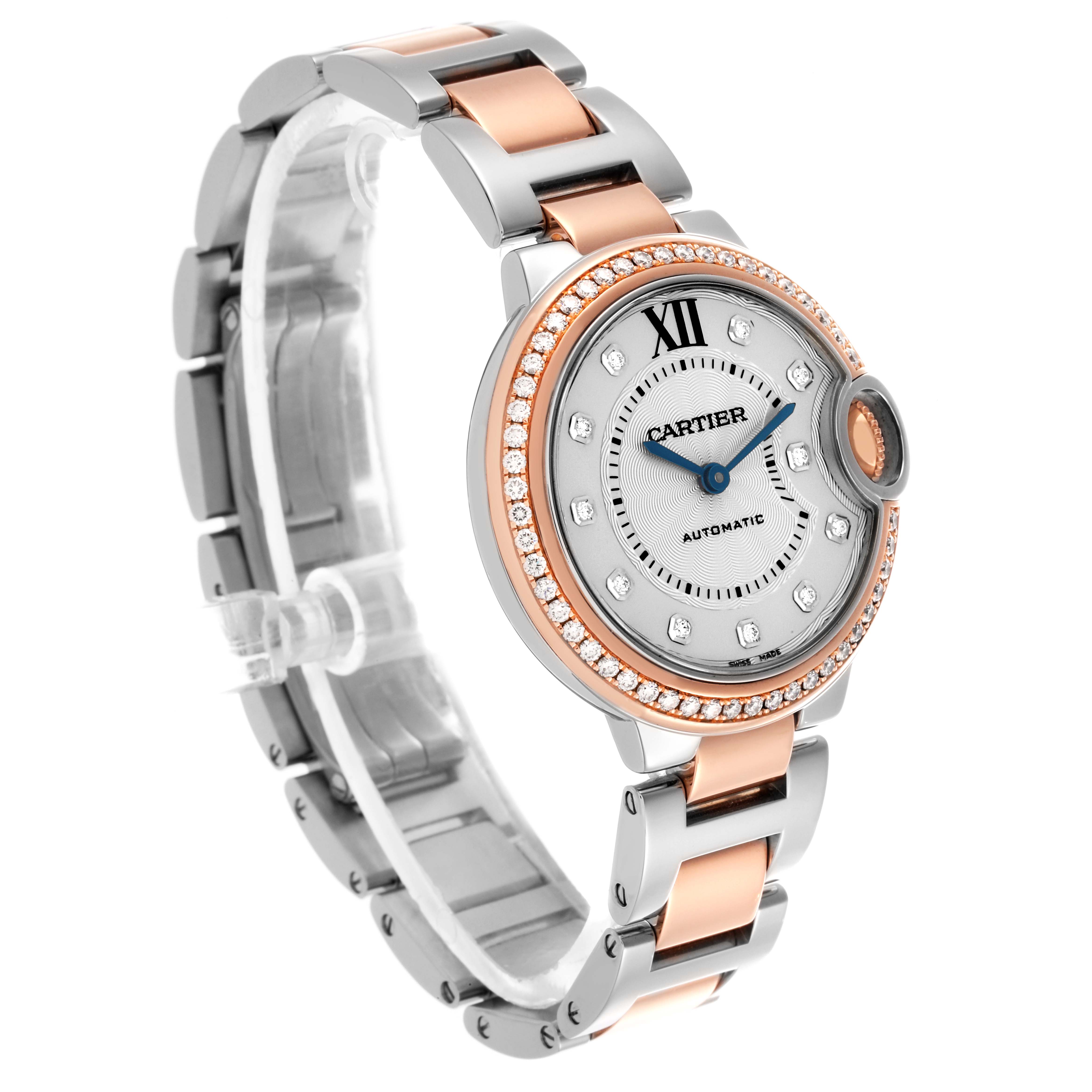 The Cartier Ballon Bleu WE902077 Women
s Steel and Gold (two tone) Silver Dial WE902077 Women
s Steel and Gold (two tone) Silver Dial watch is shown at an angled side view, highlighting the face, bezel, and bracelet.