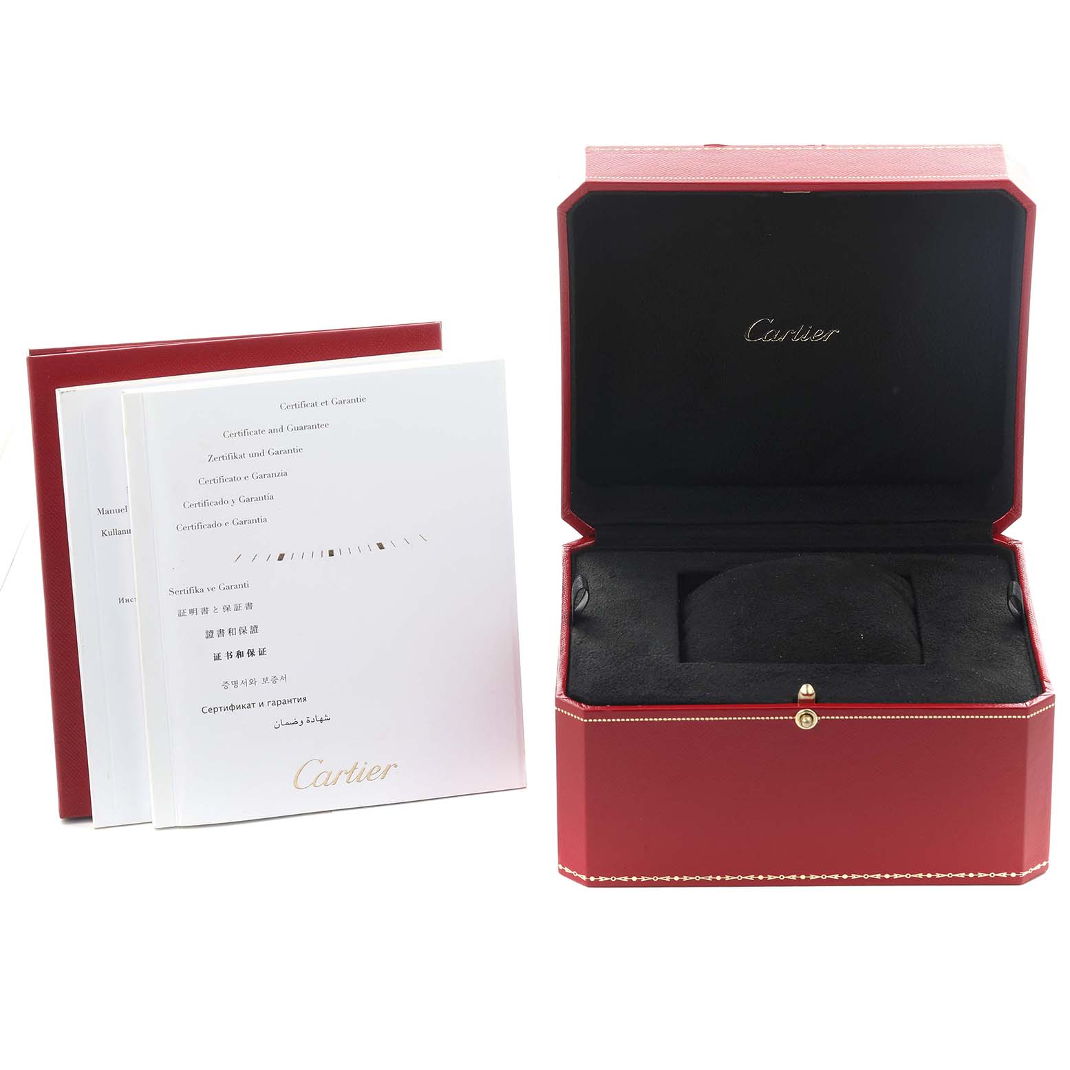 The image shows the Cartier Ballon Bleu WE902077 Women
s Steel and Gold (two tone) Silver Dial WE902077 Women
s Steel and Gold (two tone) Silver Dial watch box and documents from a frontal angle.