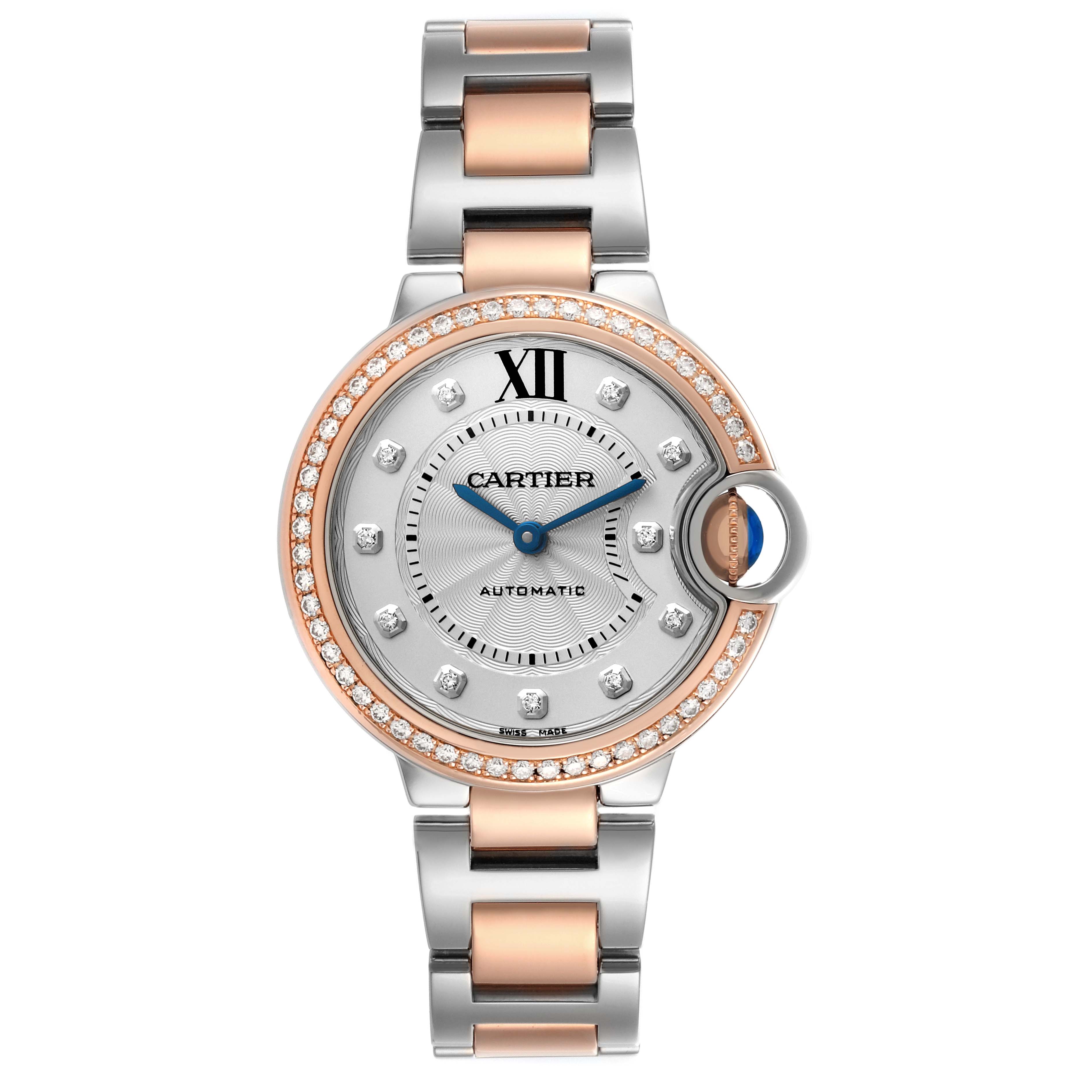 The Cartier Ballon Bleu WE902077 Women
s Steel and Gold (two tone) Silver Dial WE902077 Women
s Steel and Gold (two tone) Silver Dial watch is shown from the front, featuring its dial, crown, bezel, and two-tone bracelet.
