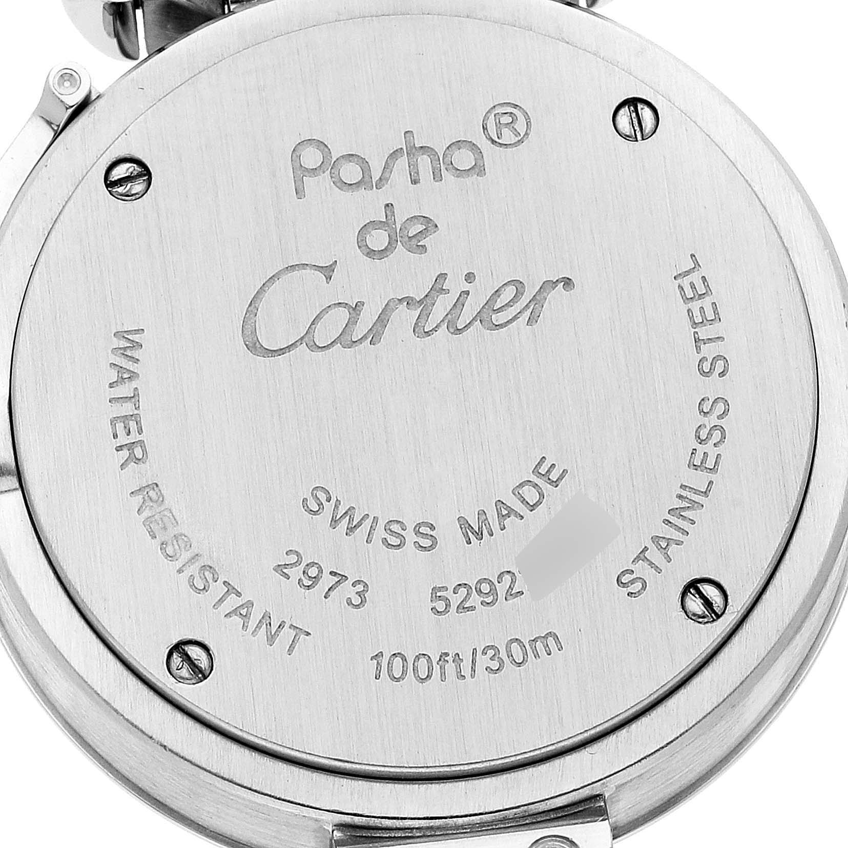 The image shows the back case of a Cartier Pasha W3140008 Women's Stainless Steel Pink Dial W3140008 Women's Stainless Steel Pink Dial watch, highlighting its water resistance, model number, and "Swiss Made" inscription.