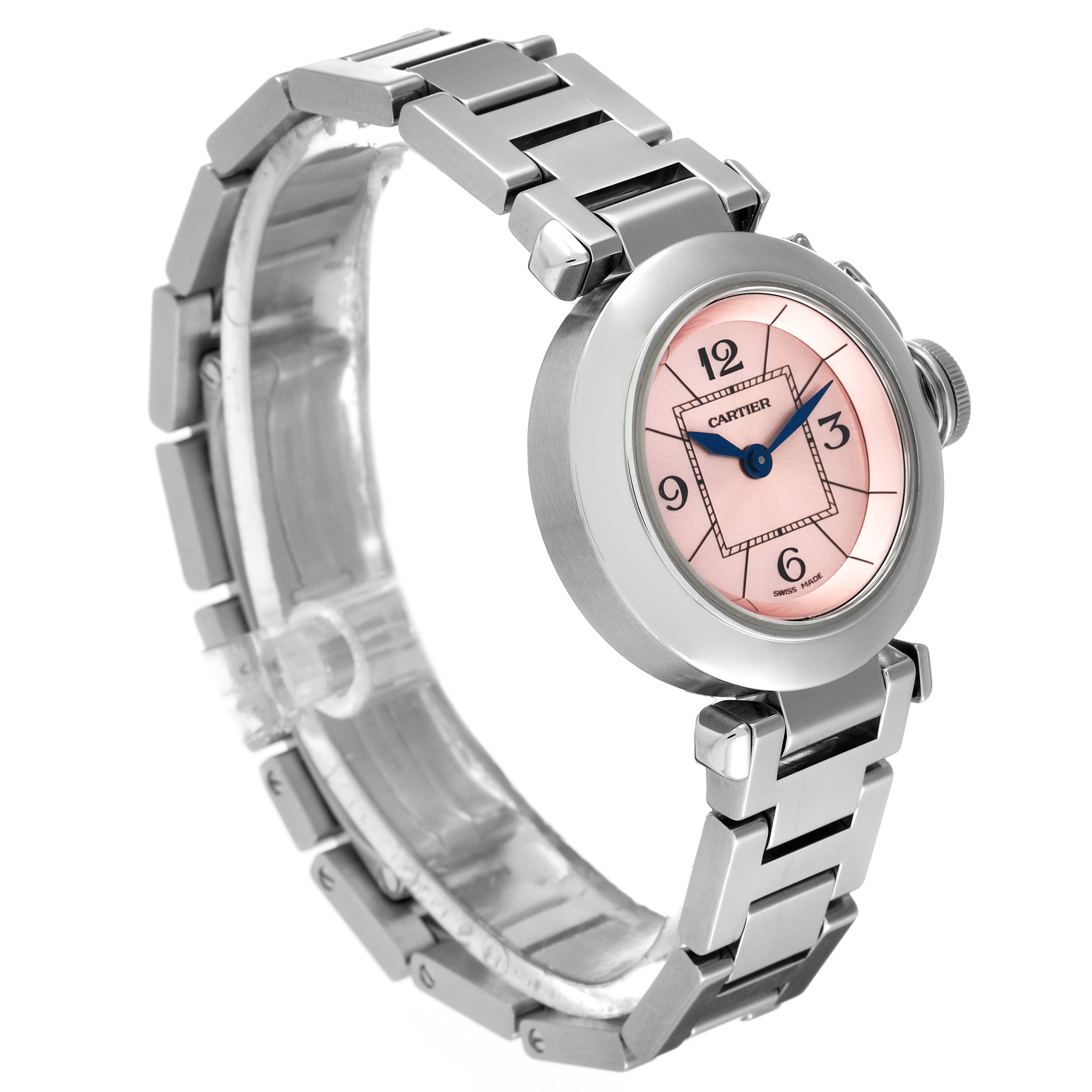 The image shows a Cartier Pasha W3140008 Women's Stainless Steel Pink Dial W3140008 Women's Stainless Steel Pink Dial model watch from an angled side view, highlighting its pink dial and metal bracelet.