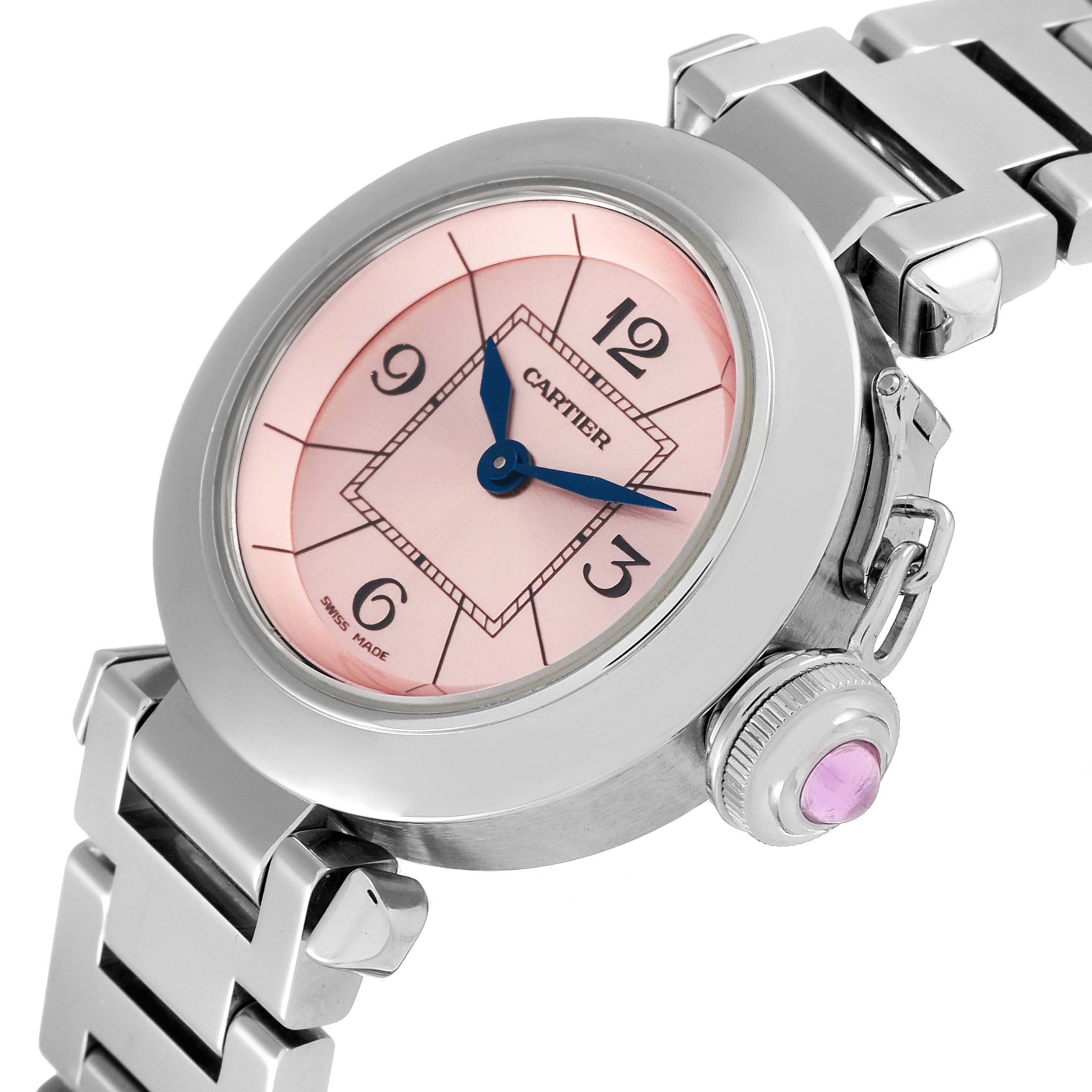 The Cartier Pasha W3140008 Women's Stainless Steel Pink Dial W3140008 Women's Stainless Steel Pink Dial watch is shown at an angle displaying its face, crown, and part of the metal bracelet.