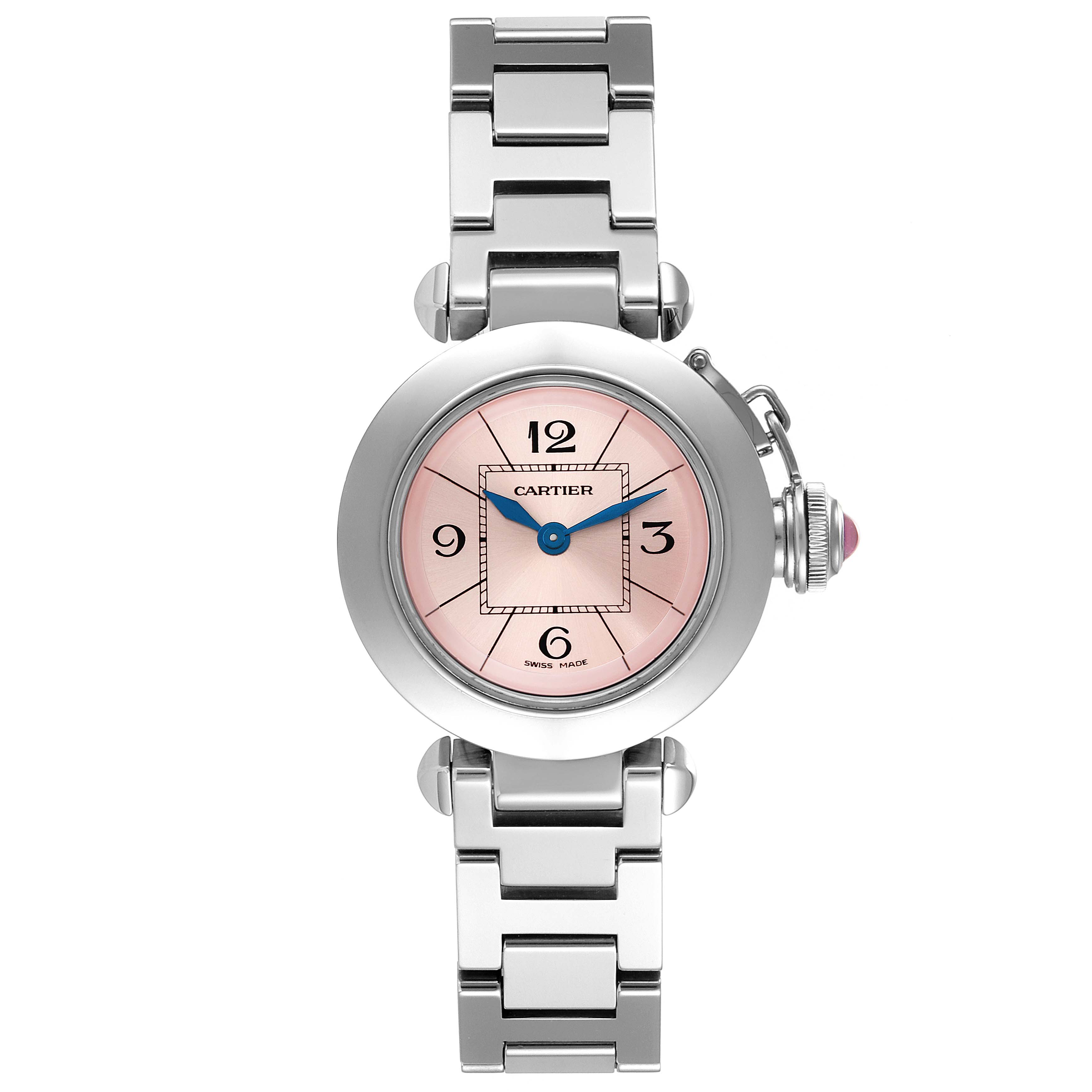 The image shows a Cartier Pasha W3140008 Women's Stainless Steel Pink Dial W3140008 Women's Stainless Steel Pink Dial watch from a front angle, displaying the face, bezel, and part of the bracelet.