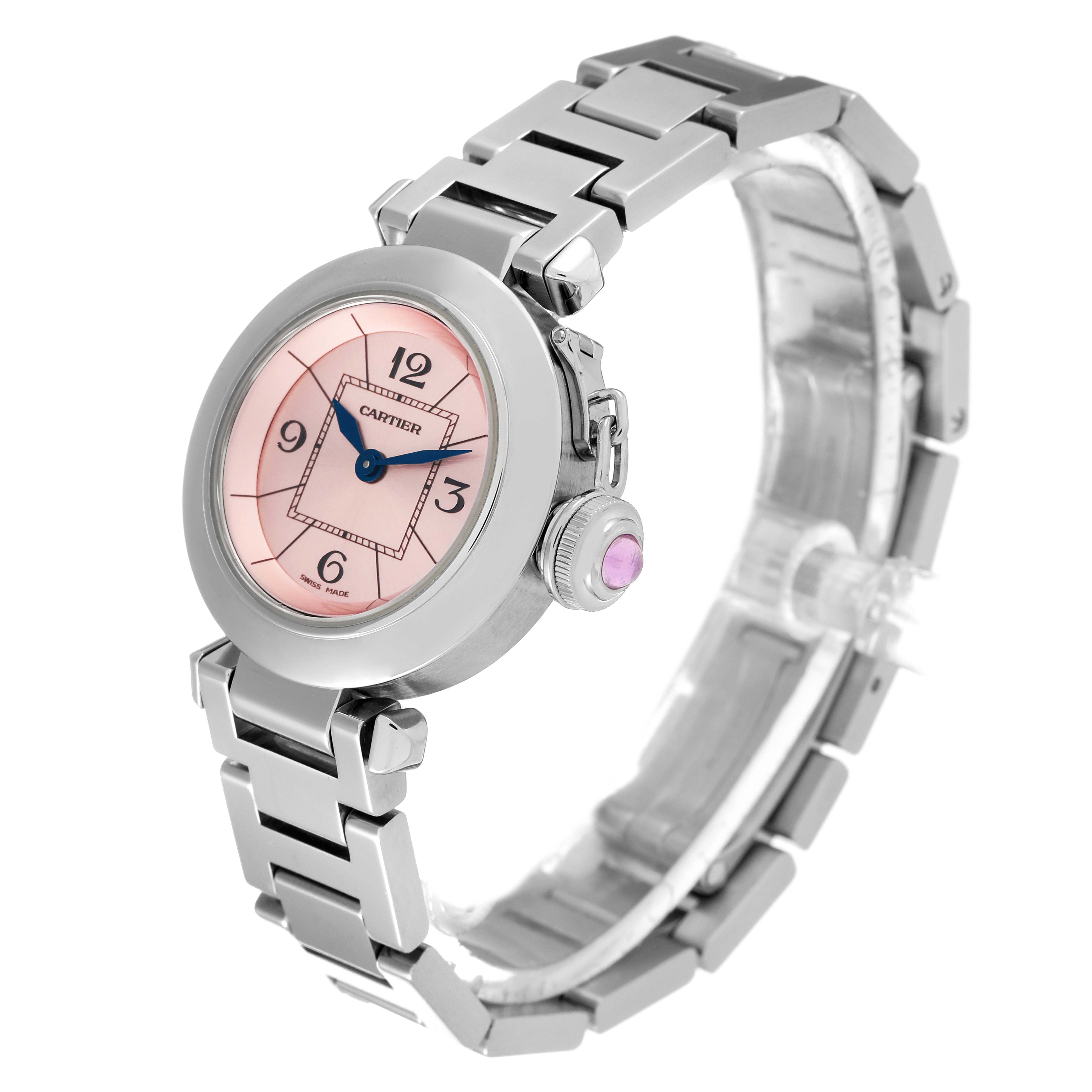 This Cartier Pasha W3140008 Women's Stainless Steel Pink Dial W3140008 Women's Stainless Steel Pink Dial watch is shown at a three-quarter angle, highlighting its pink dial and stainless steel bracelet.