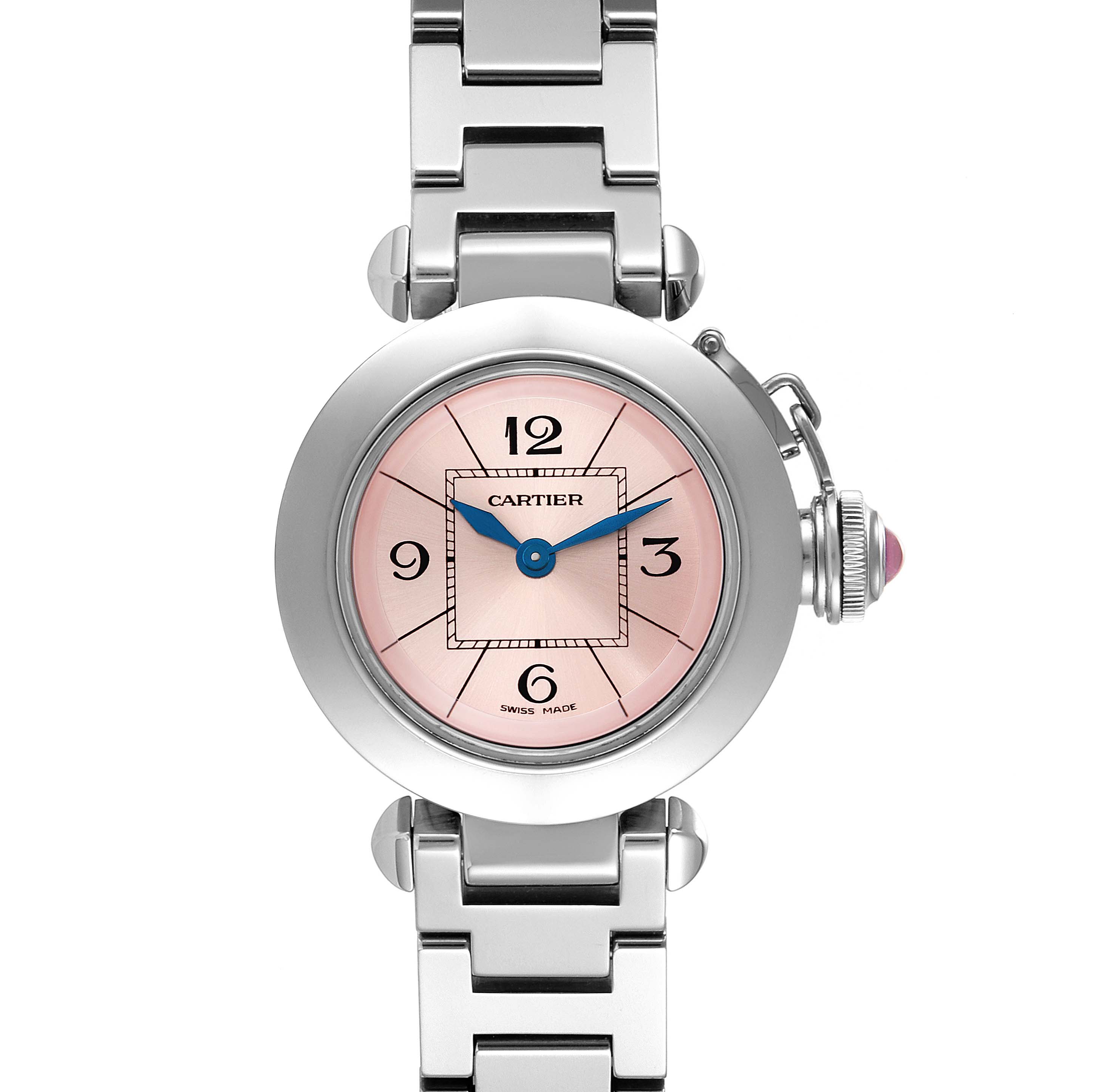 The Cartier Pasha W3140008 Women's Stainless Steel Pink Dial W3140008 Women's Stainless Steel Pink Dial watch is shown from a front angle, displaying its pink dial, blue hands, and metal bracelet.