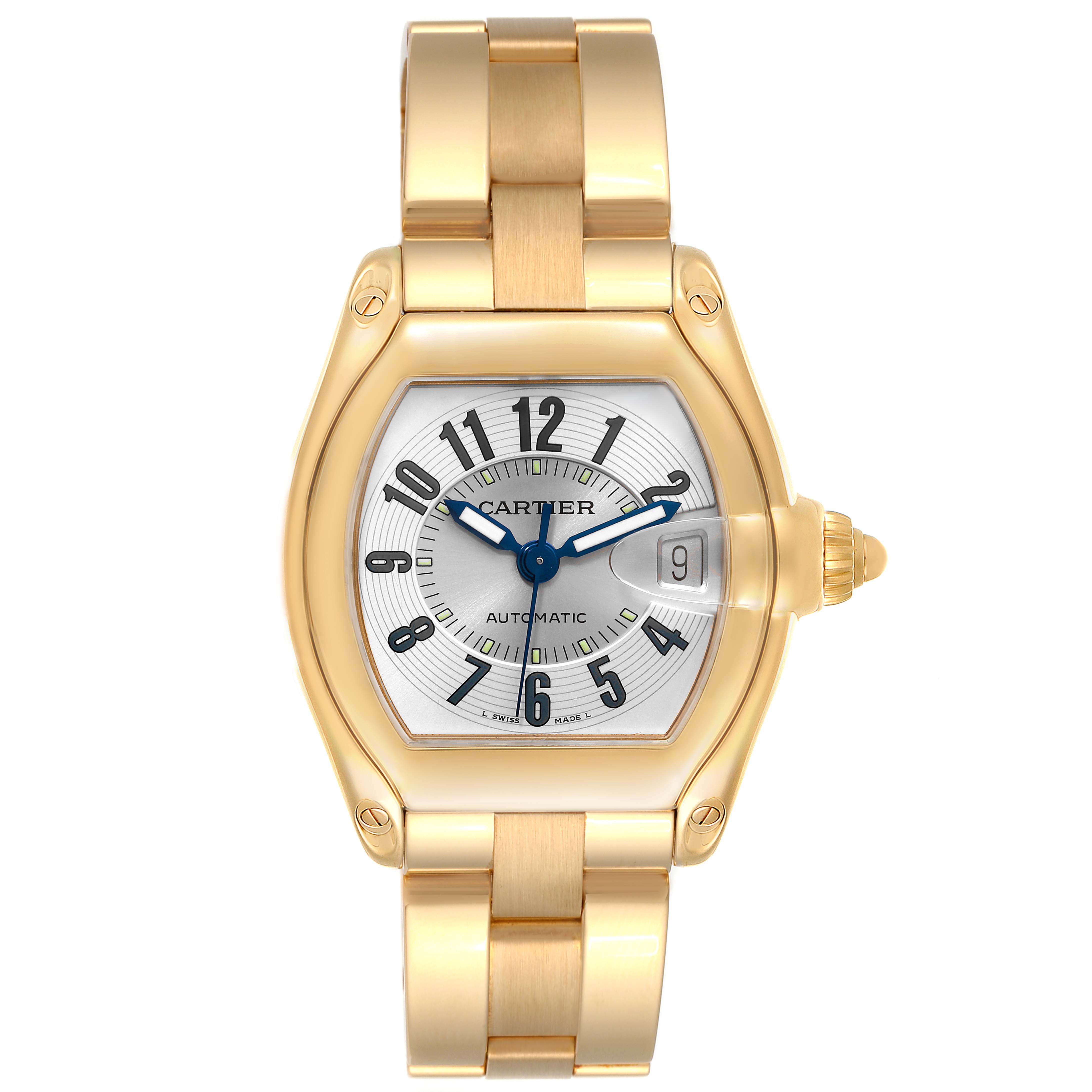 This is a gold Cartier Roadster W62003V1 Men's Yellow Gold Silver Dial W62003V1 Men's Yellow Gold Silver Dial watch shown from the front, displaying the dial, case, band, and crown.