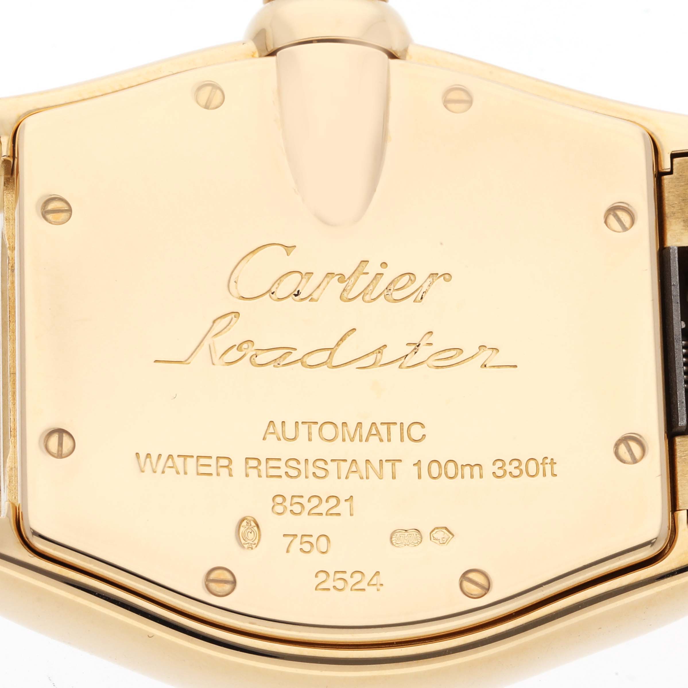 This image shows the back case of a Cartier Roadster W62003V1 Men's Yellow Gold Silver Dial W62003V1 Men's Yellow Gold Silver Dial watch, highlighting the branding, model, and specifications.