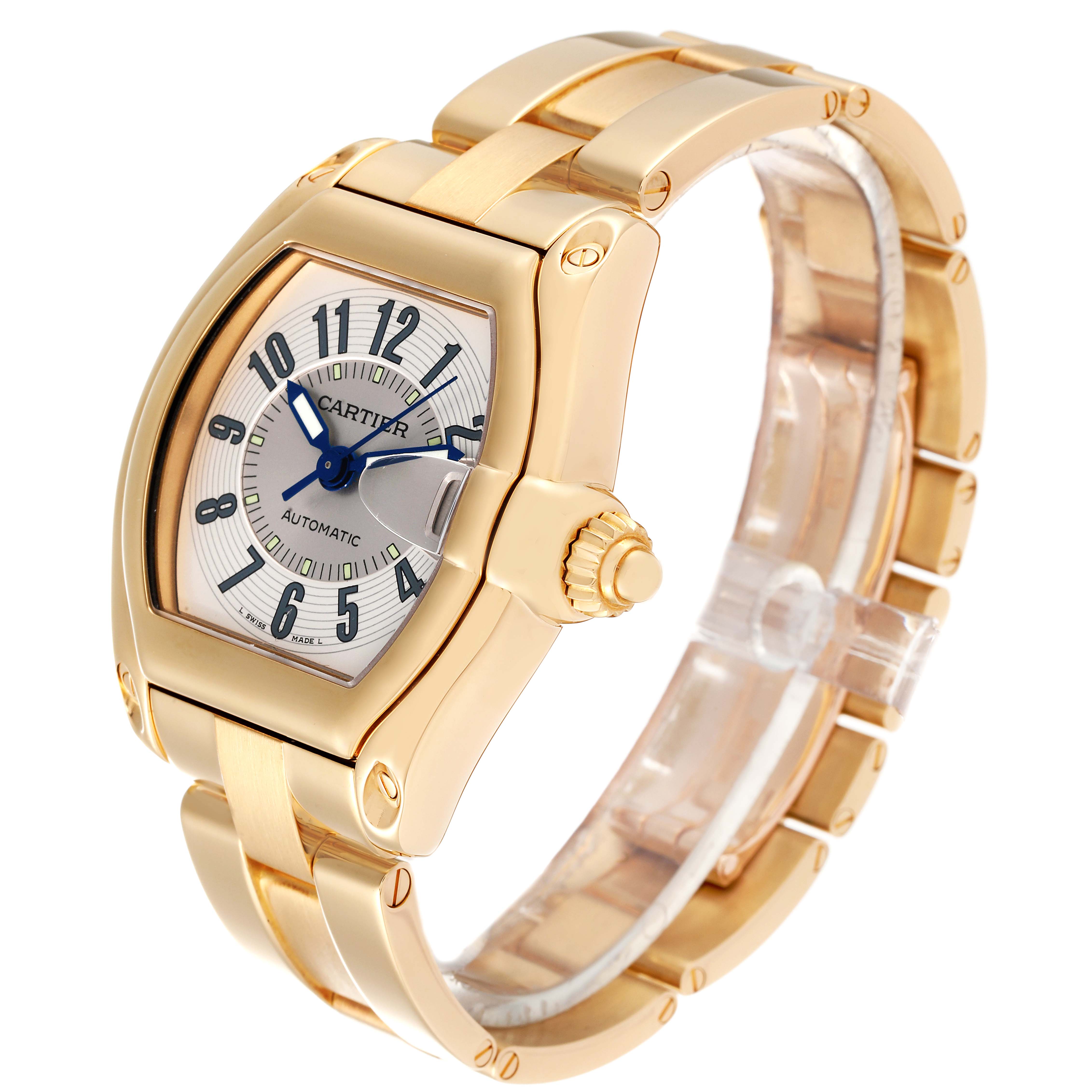The image shows a Cartier Roadster W62003V1 Men's Yellow Gold Silver Dial W62003V1 Men's Yellow Gold Silver Dial watch at an angled side view displaying the face, crown, and part of the bracelet.