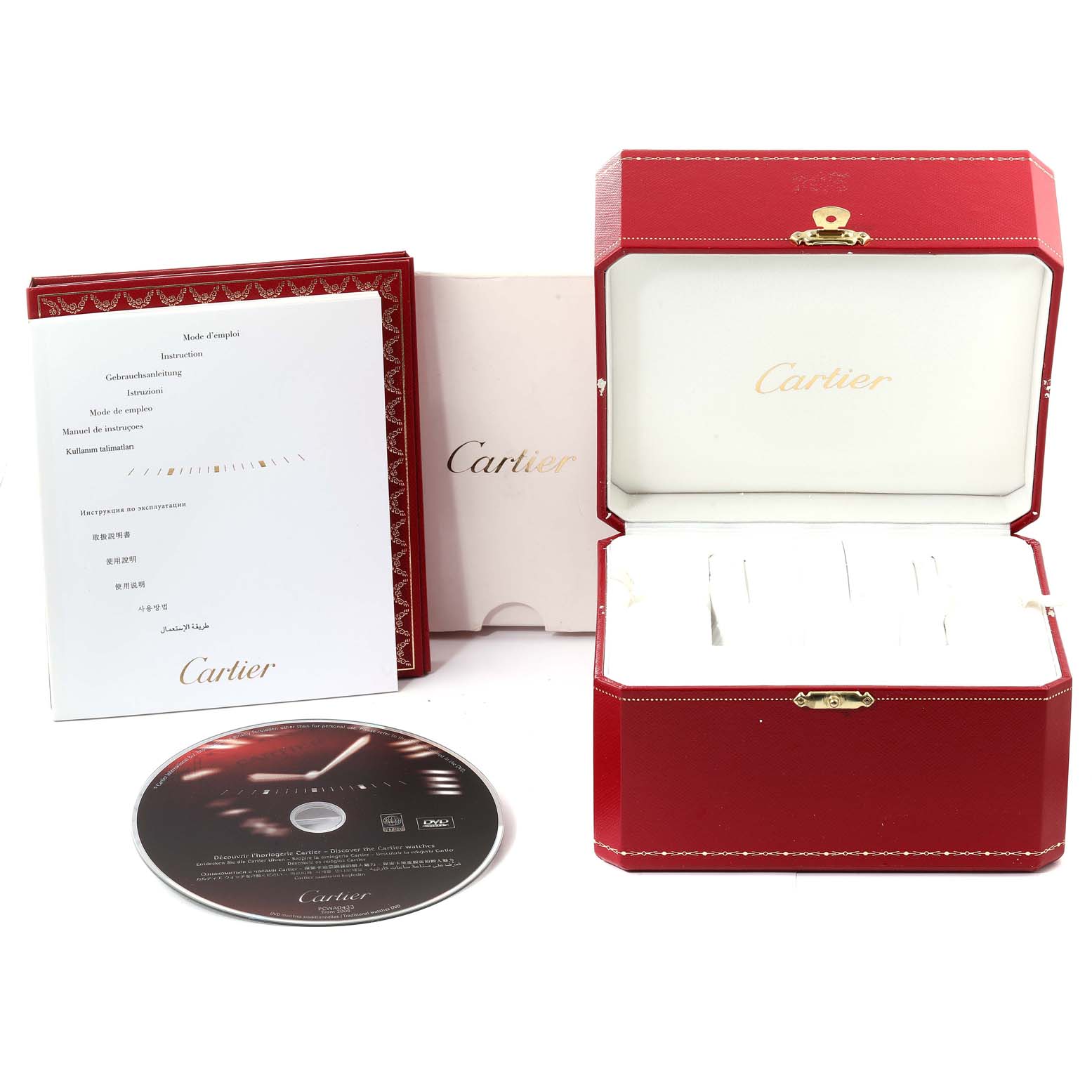 The image shows the packaging for the Cartier Roadster W62003V1 Men's Yellow Gold Silver Dial W62003V1 Men's Yellow Gold Silver Dial model, including the box, documentation, and a CD.