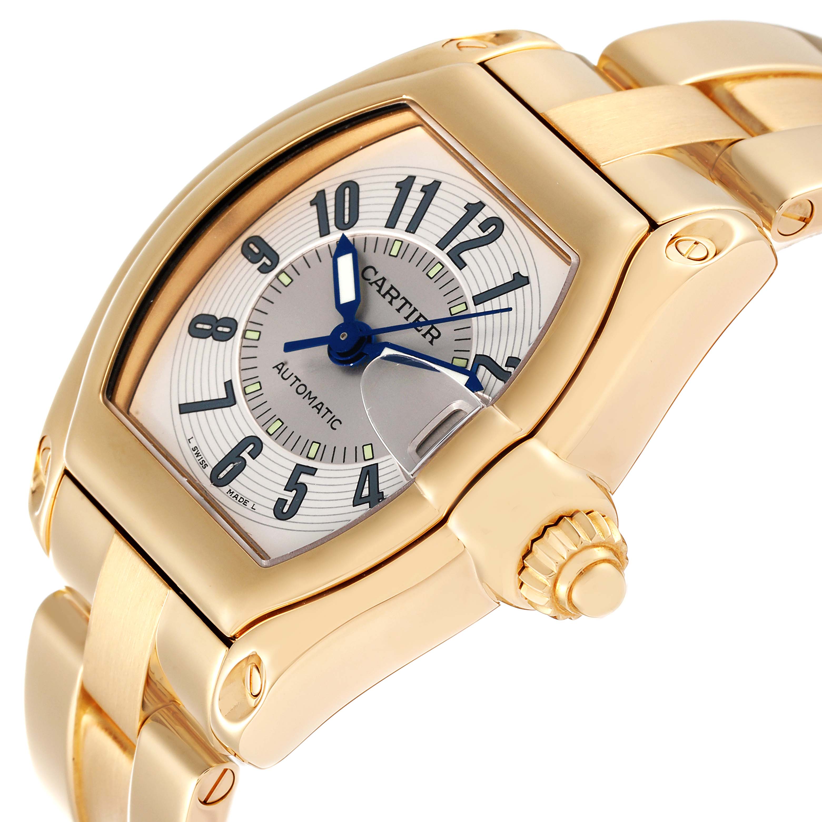 This image shows a Cartier Roadster W62003V1 Men's Yellow Gold Silver Dial W62003V1 Men's Yellow Gold Silver Dial watch at an oblique angle, highlighting the dial, crown, and part of the bracelet.