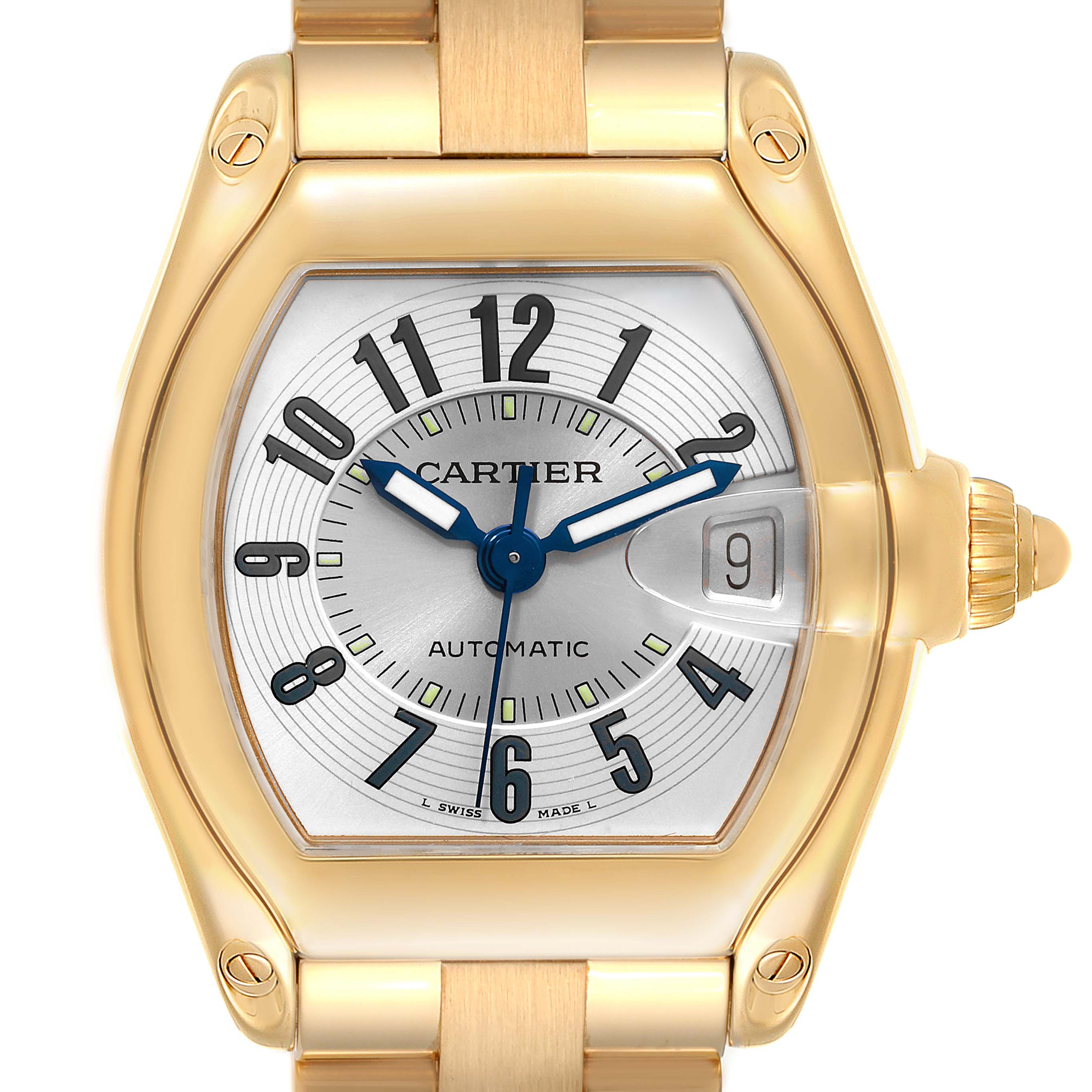The image shows a Cartier Roadster W62003V1 Men's Yellow Gold Silver Dial W62003V1 Men's Yellow Gold Silver Dial watch from a top-down angle, highlighting its face, hands, and part of the bracelet.