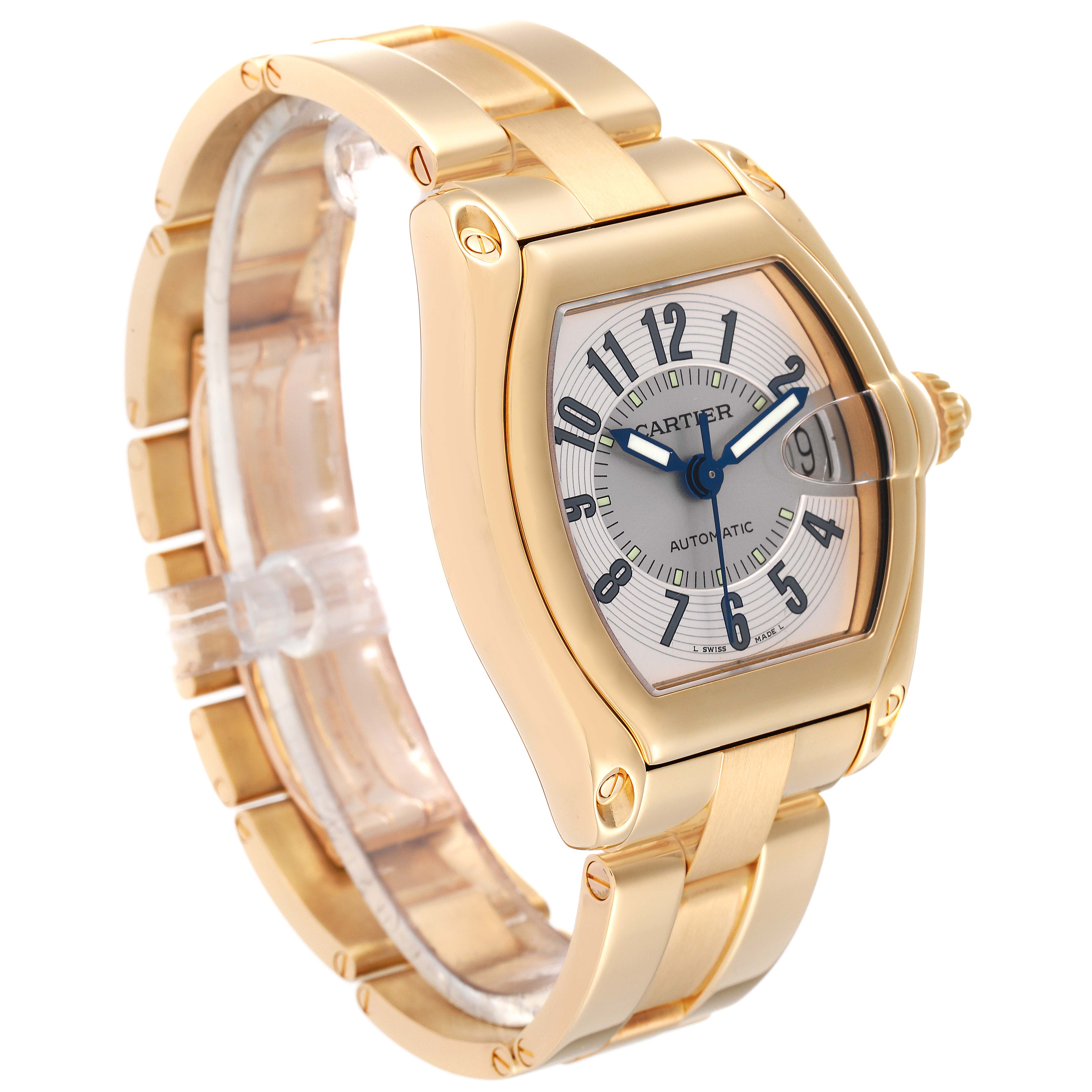 The Cartier Roadster W62003V1 Men's Yellow Gold Silver Dial W62003V1 Men's Yellow Gold Silver Dial watch is shown at a side angle displaying the bracelet, crown, and face.