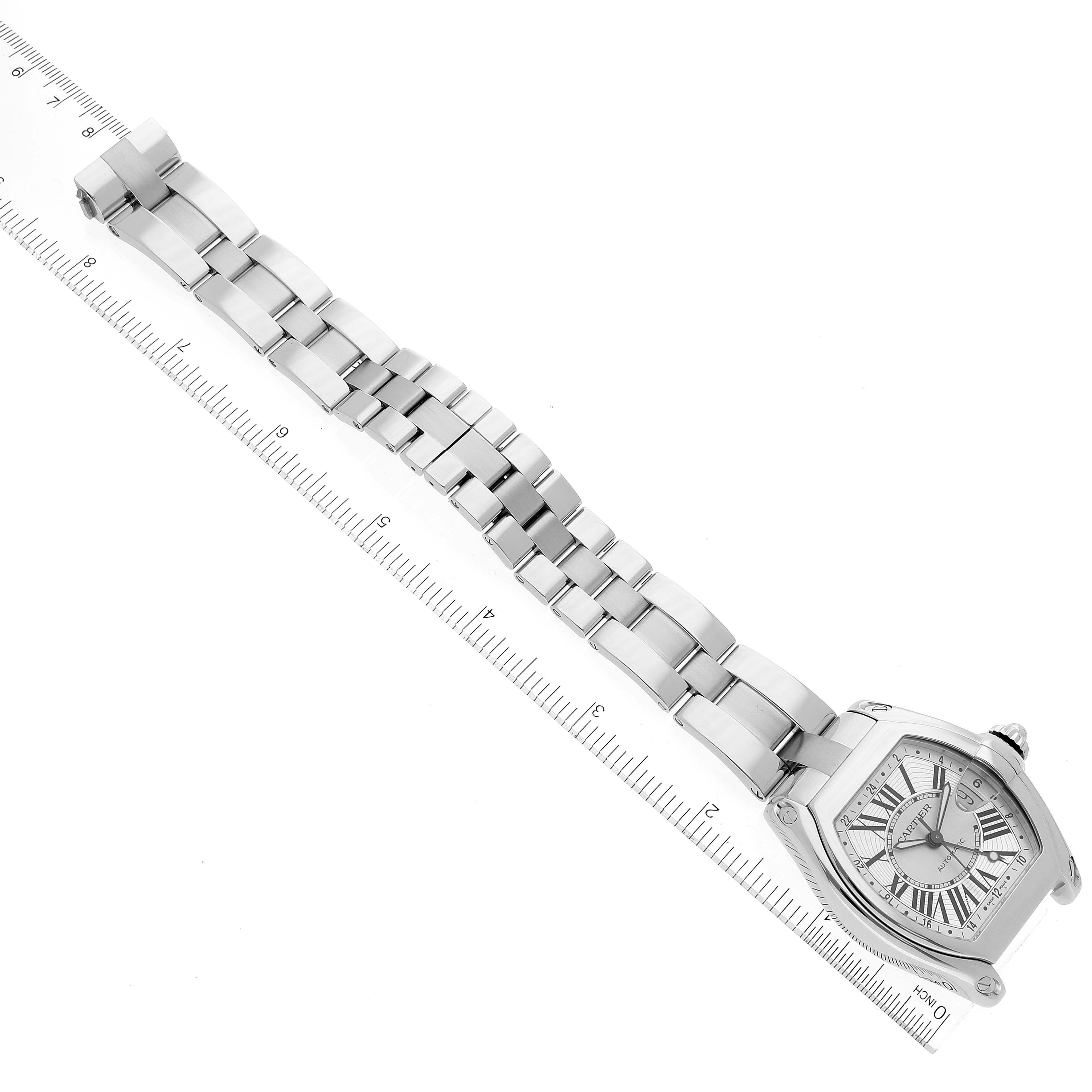 The Cartier Roadster W62032X6 Men's Stainless Steel Silver Dial W62032X6 Men's Stainless Steel Silver Dial watch is shown from a top-down angle, featuring its face and full metal bracelet.