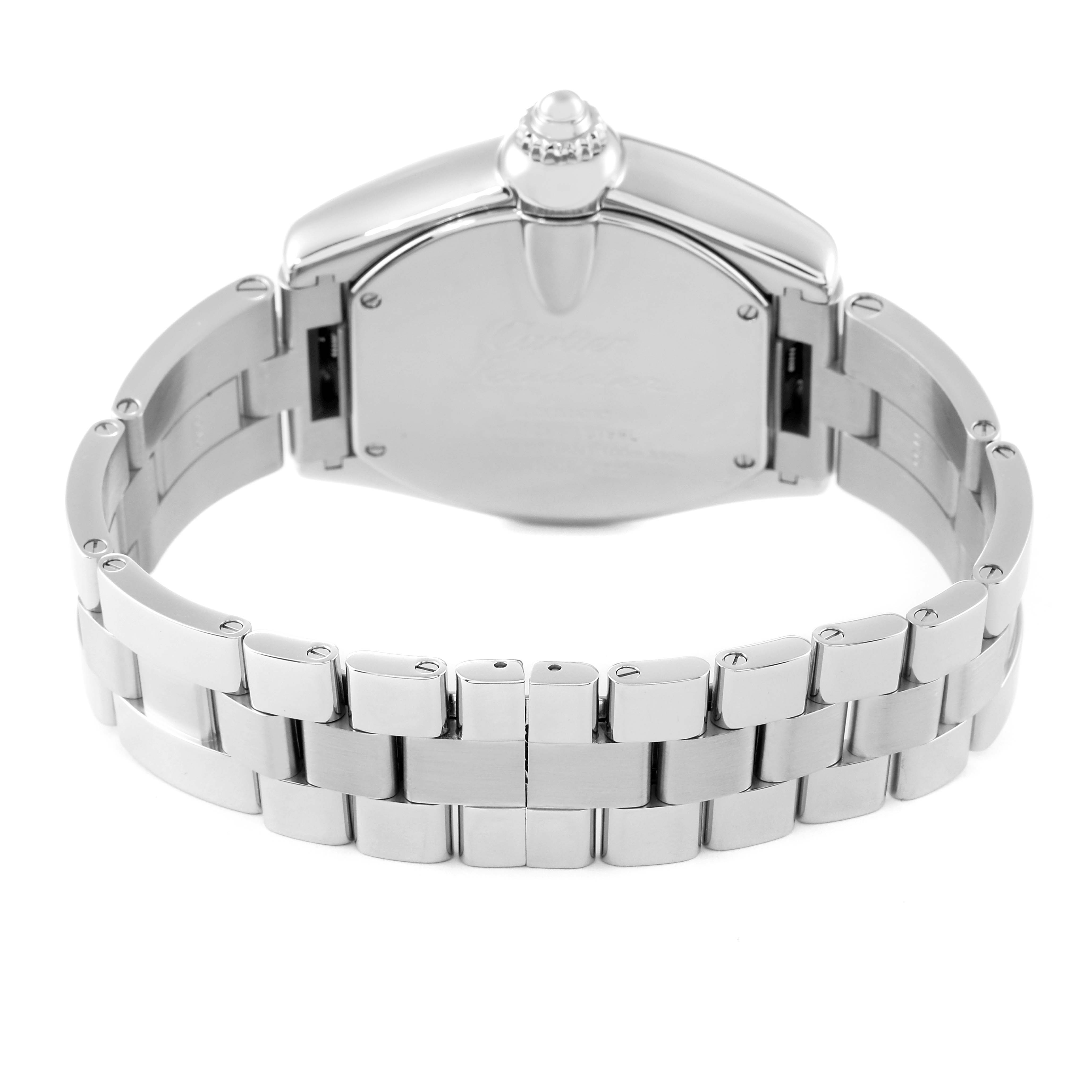 This image shows the back view of a Cartier Roadster W62032X6 Men's Stainless Steel Silver Dial W62032X6 Men's Stainless Steel Silver Dial watch with its stainless steel bracelet fully visible.