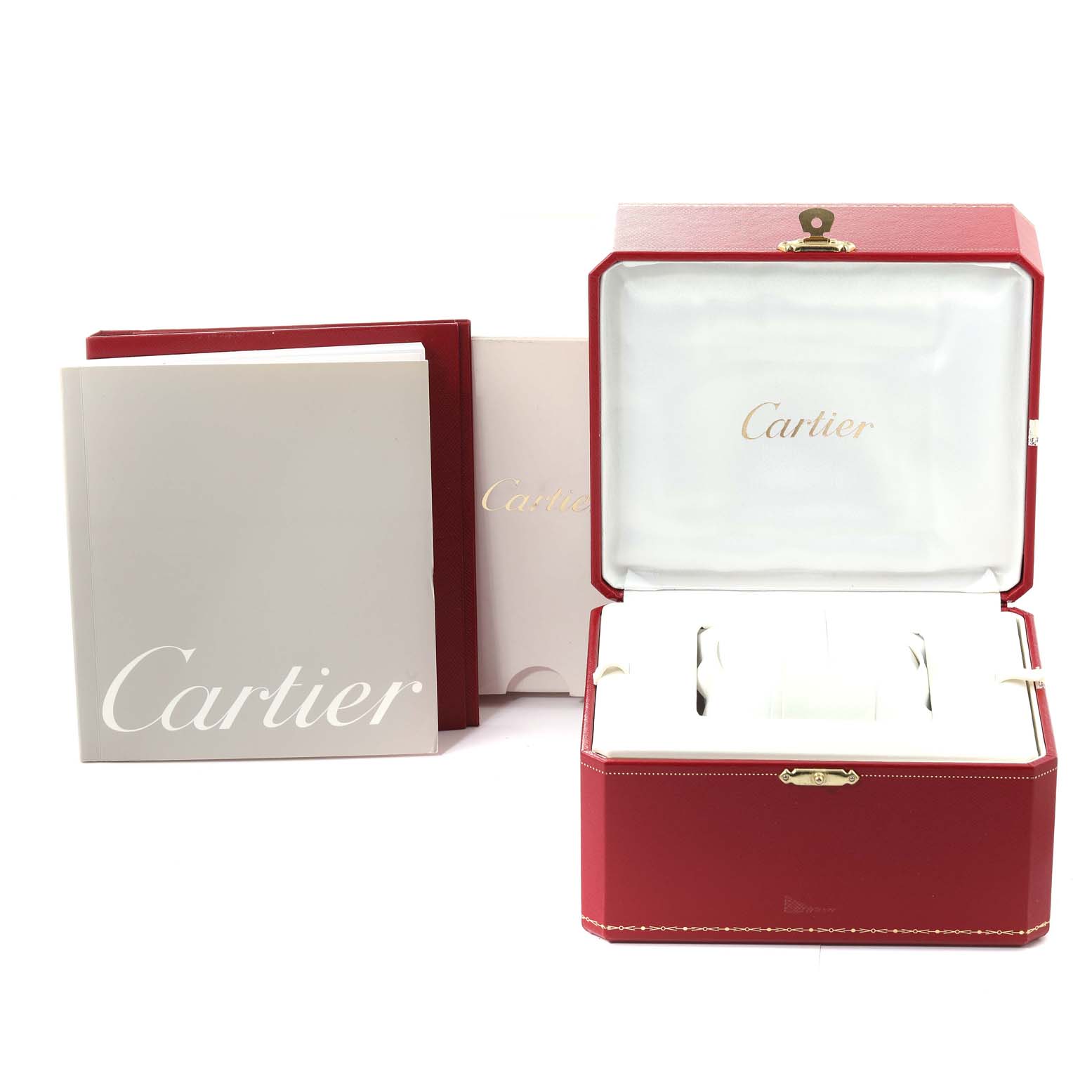 The image shows the packaging, including the box and manuals, for the Cartier Roadster W62032X6 Men's Stainless Steel Silver Dial W62032X6 Men's Stainless Steel Silver Dial watch.