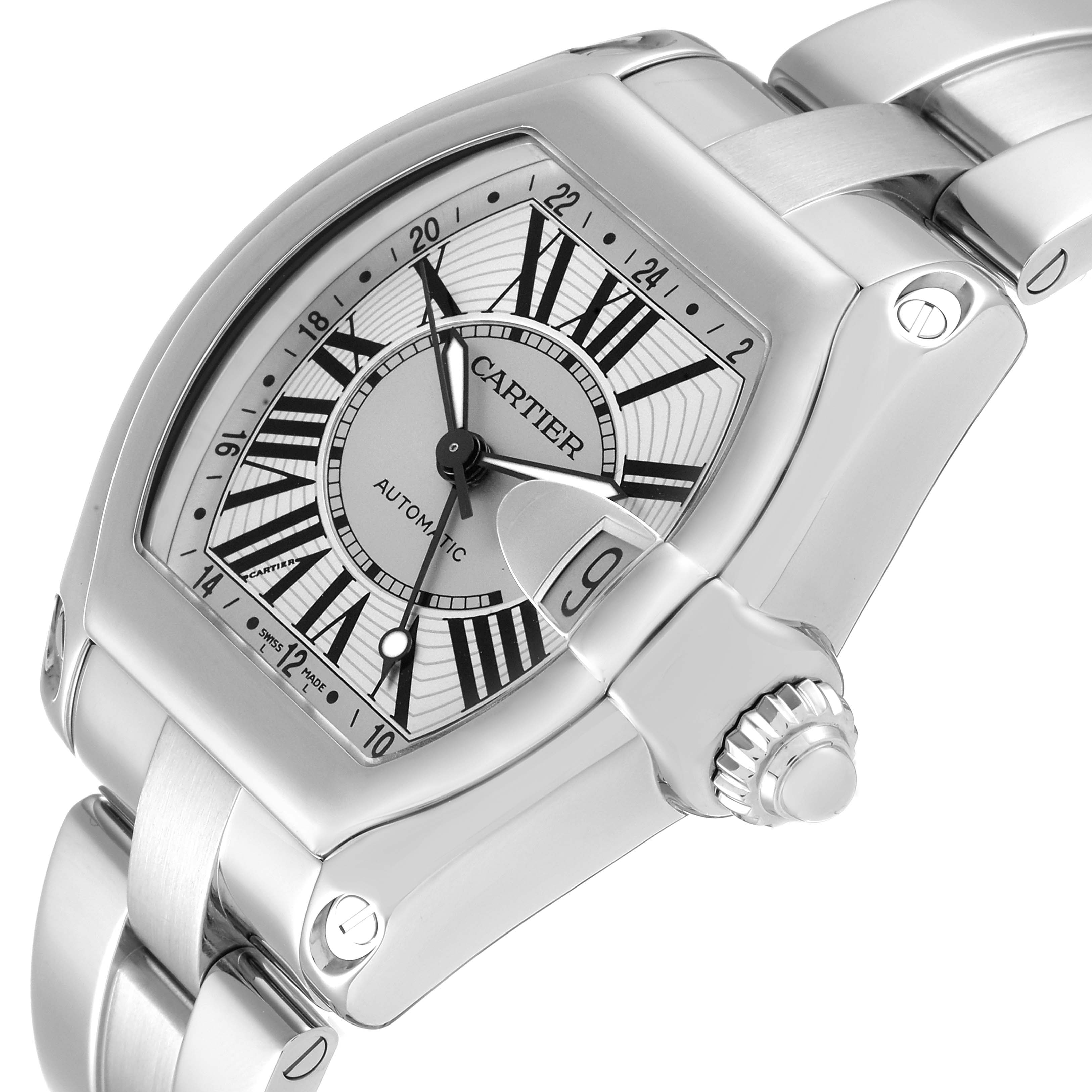 The image shows a Cartier Roadster W62032X6 Men's Stainless Steel Silver Dial W62032X6 Men's Stainless Steel Silver Dial watch angled from the top right, highlighting the dial, case, and partially the bracelet.
