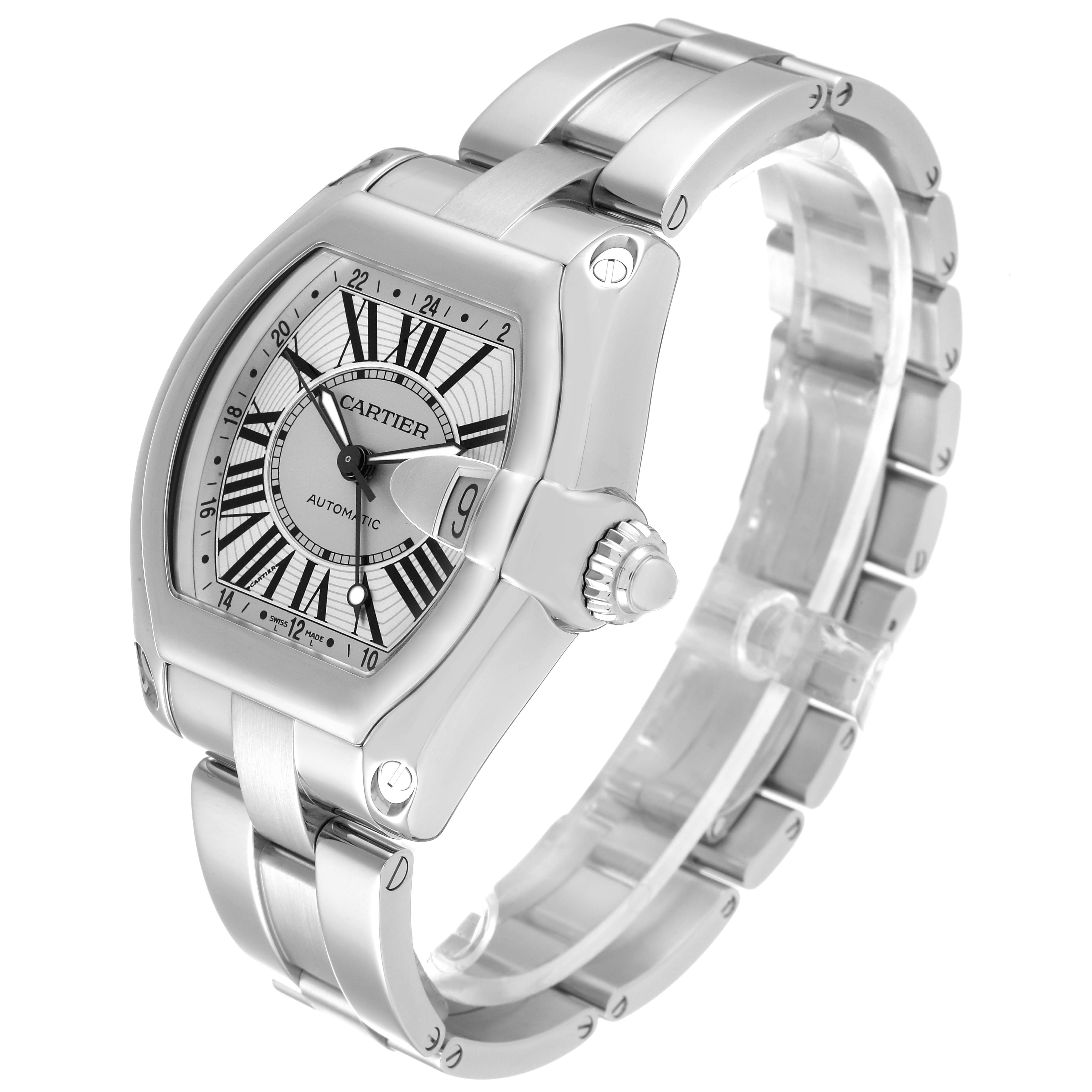 This image shows a Cartier Roadster W62032X6 Men's Stainless Steel Silver Dial W62032X6 Men's Stainless Steel Silver Dial watch at a three-quarter angle, highlighting its face, crown, and bracelet.