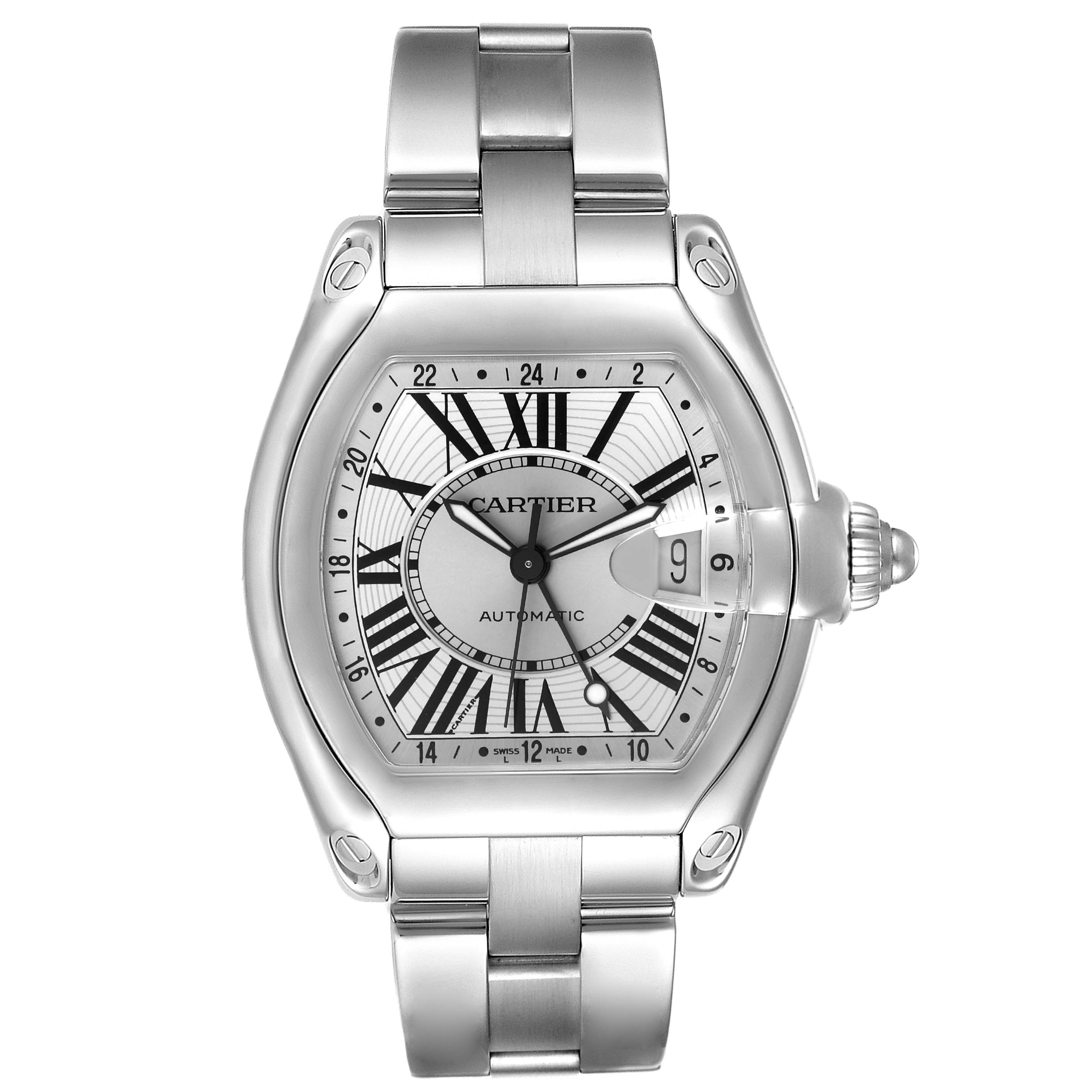The image shows a front view of the Cartier Roadster W62032X6 Men's Stainless Steel Silver Dial W62032X6 Men's Stainless Steel Silver Dial watch, highlighting its face, dial, and bracelet.