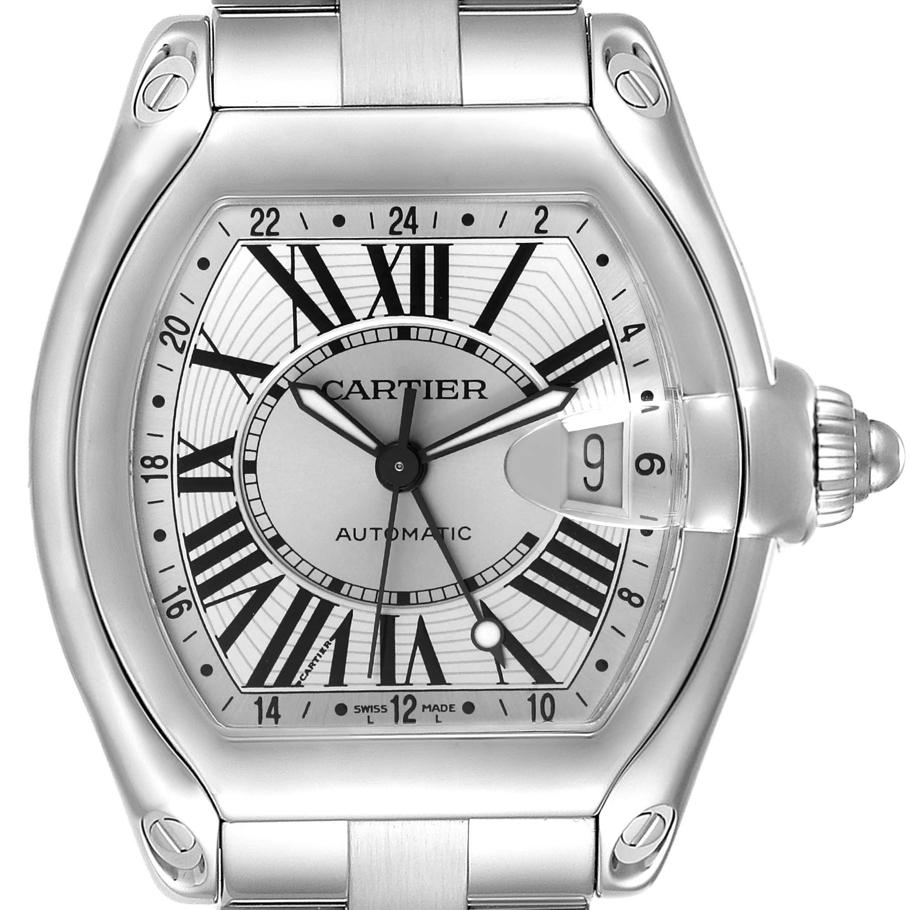 This image showcases the full face of the Cartier Roadster W62032X6 Men's Stainless Steel Silver Dial W62032X6 Men's Stainless Steel Silver Dial watch, highlighting its dial, hands, and date window.
