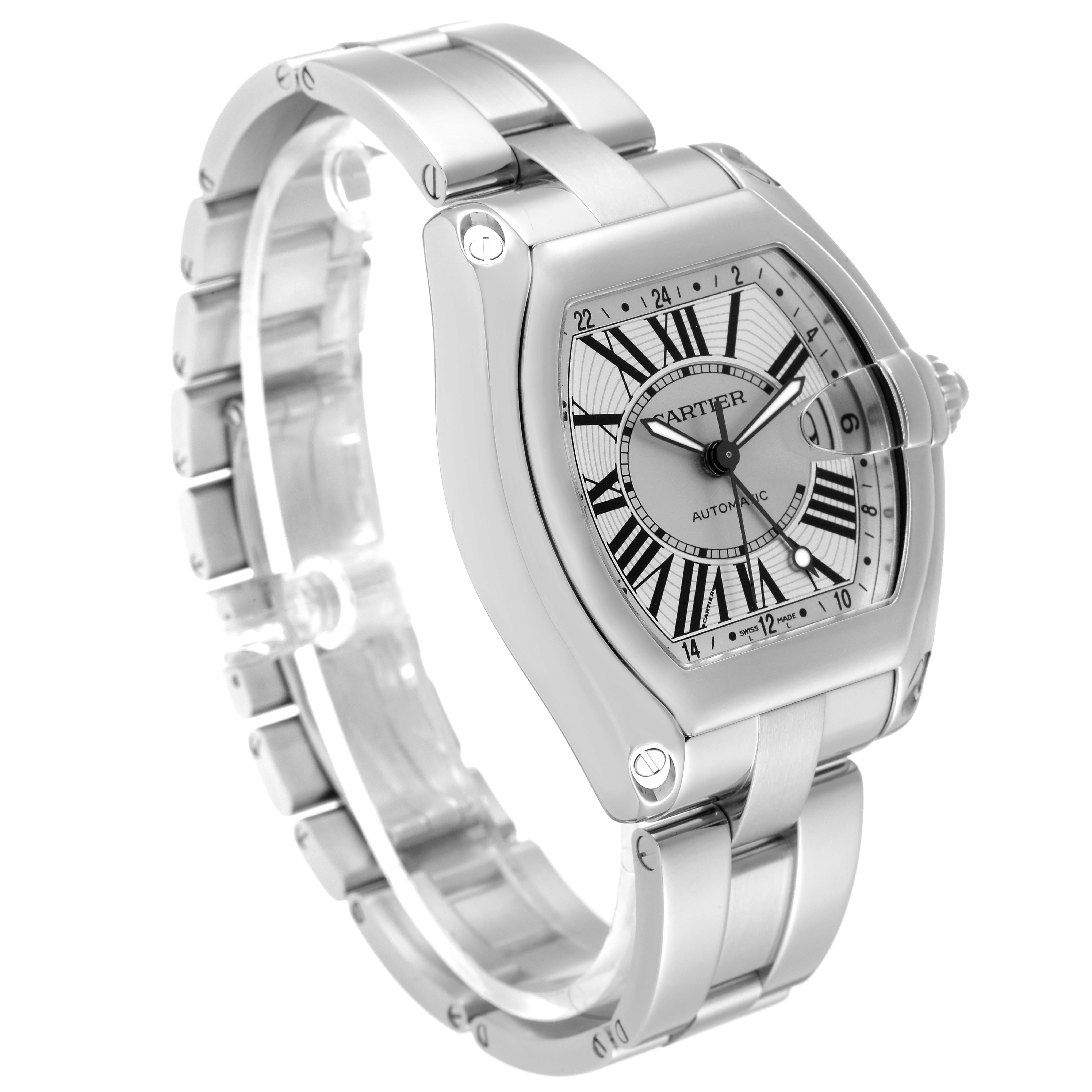 The image shows a Cartier Roadster W62032X6 Men's Stainless Steel Silver Dial W62032X6 Men's Stainless Steel Silver Dial watch at an angled front view, highlighting the face, bezel, and stainless steel bracelet.