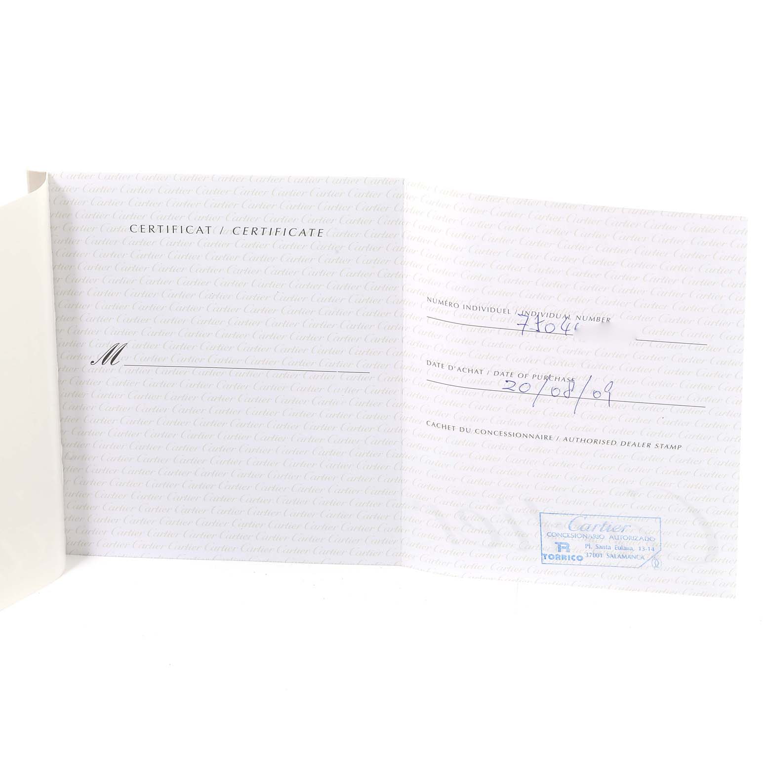 The image shows the Certificate of Authenticity for the Cartier Roadster W62032X6 Men's Stainless Steel Silver Dial W62032X6 Men's Stainless Steel Silver Dial watch, detailing the purchase date and dealership stamp.