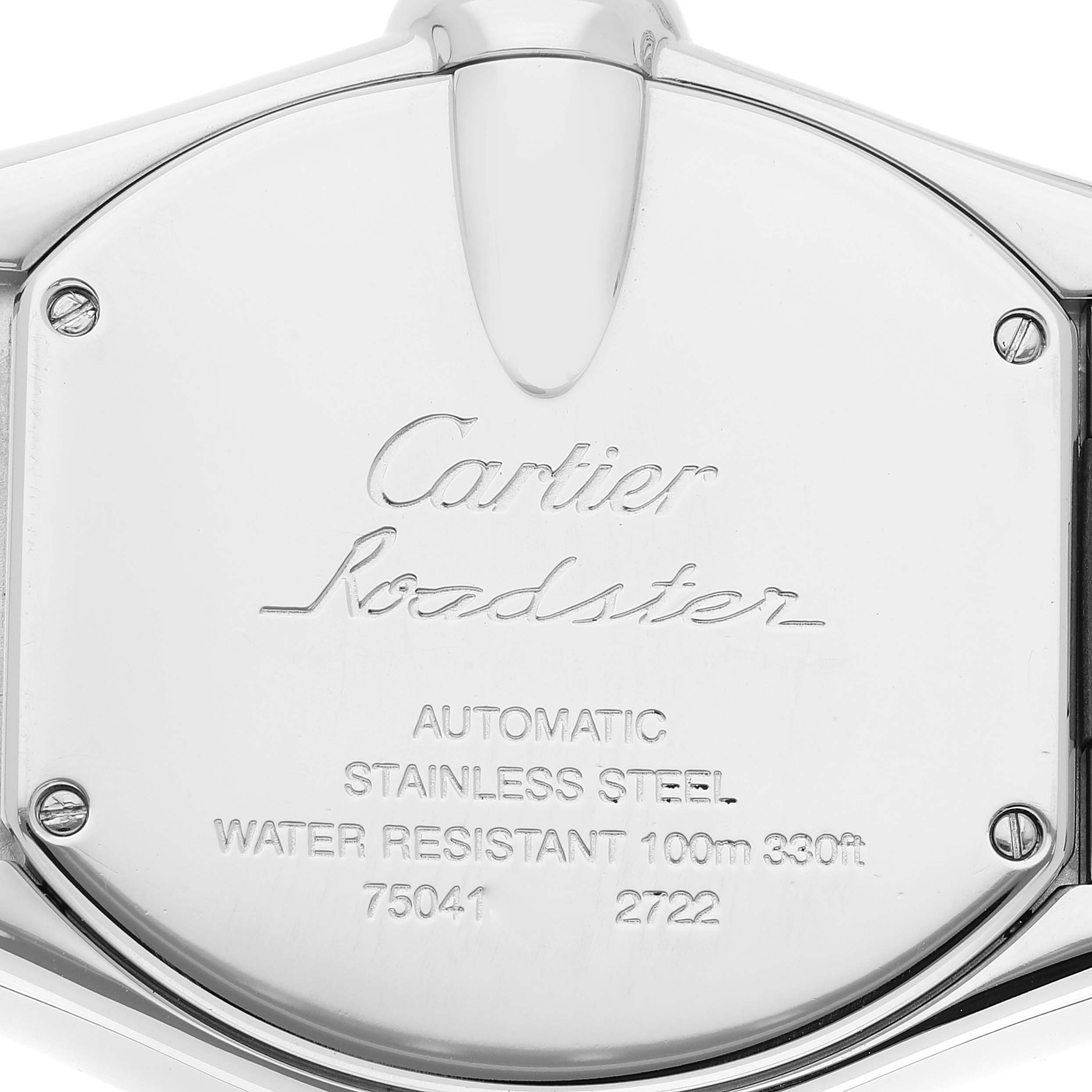 The image shows the back case of the Cartier Roadster W62032X6 Men's Stainless Steel Silver Dial W62032X6 Men's Stainless Steel Silver Dial watch featuring engravings and screws.