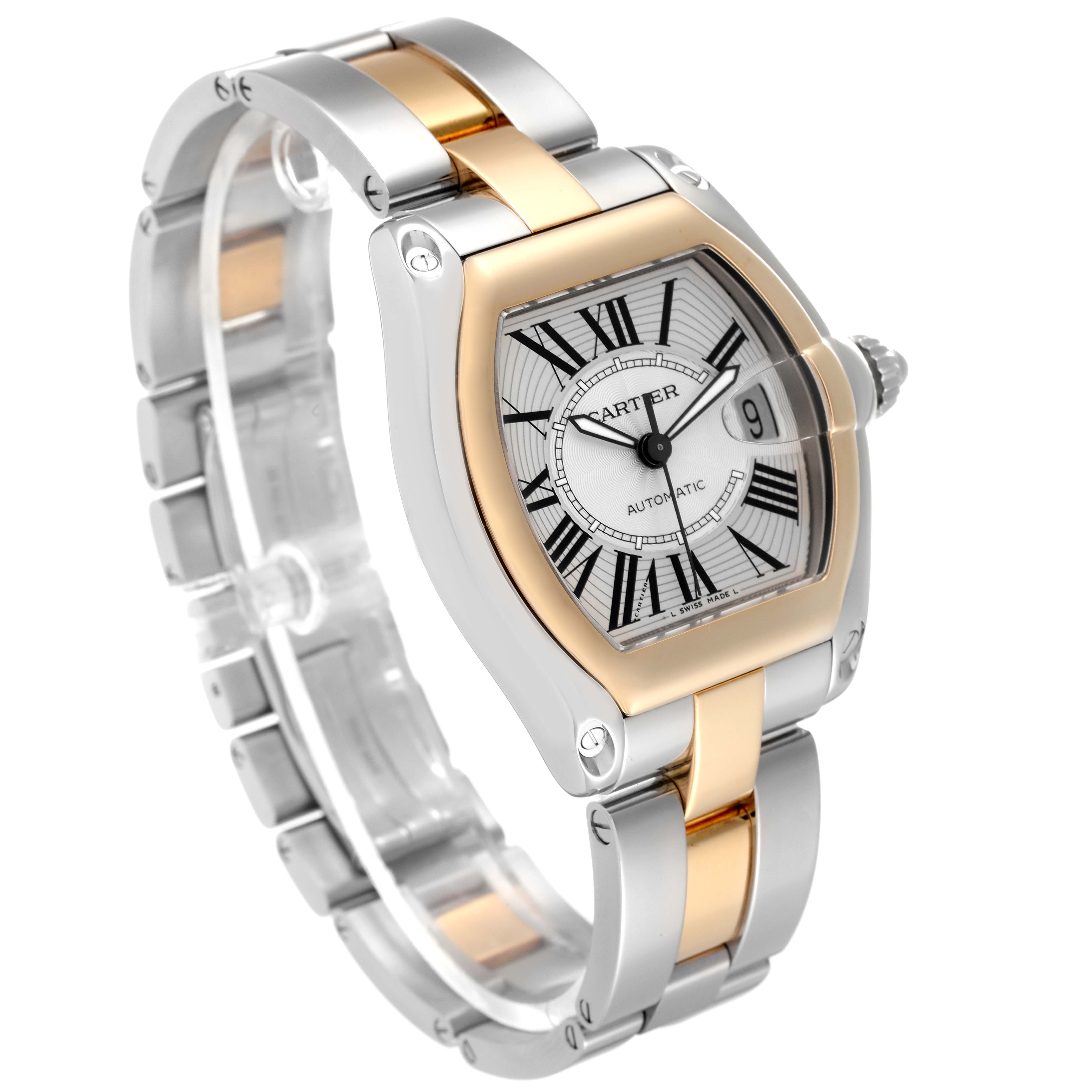 The image shows a Cartier Roadster W62031Y4 Men's Steel and Gold (two tone) Silver Dial W62031Y4 Men's Steel and Gold (two tone) Silver Dial watch at an angled view, highlighting its face, bezel, crown, and metal bracelet.