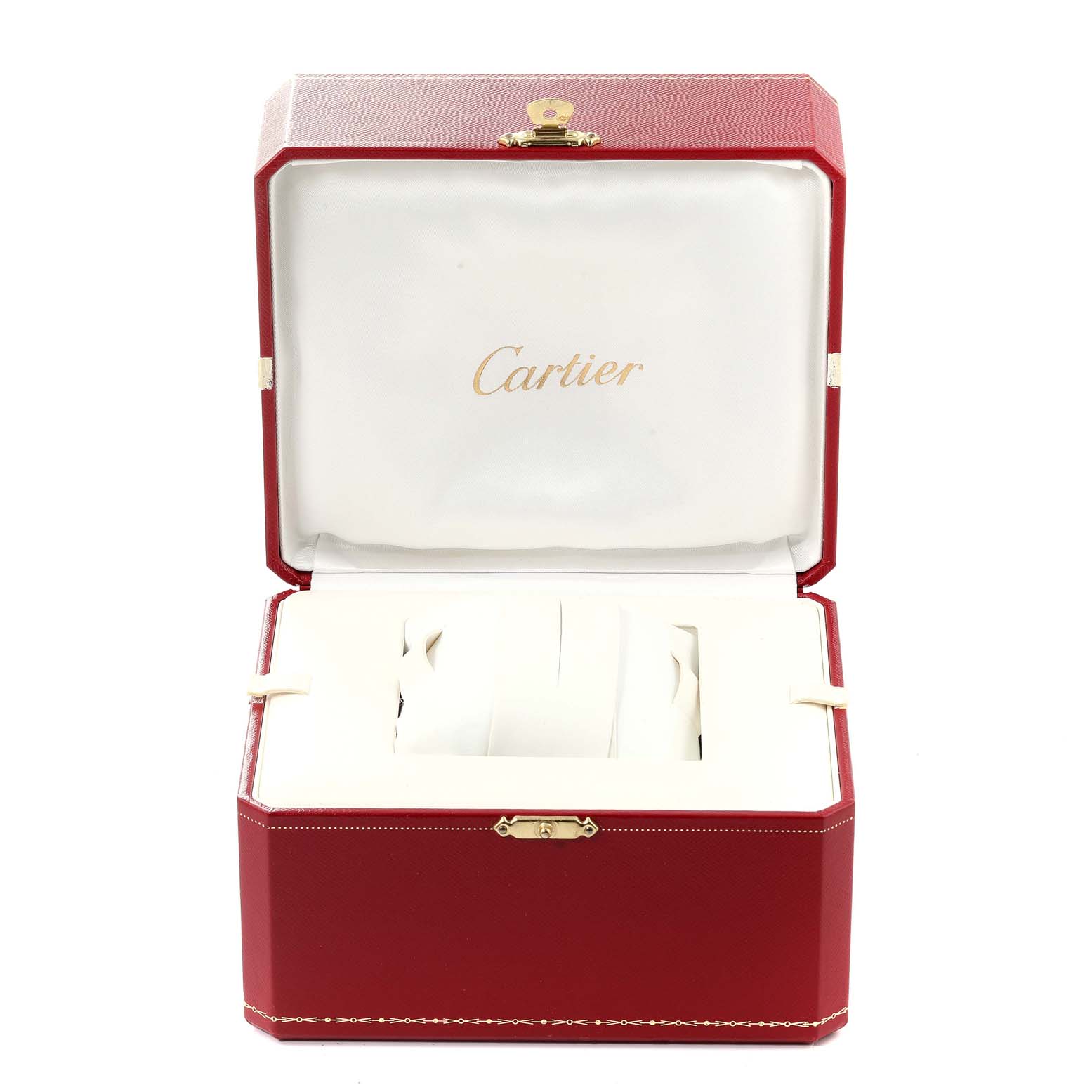 The image shows a Cartier watch box for the Roadster model, featuring an open lid with the Cartier logo inside.