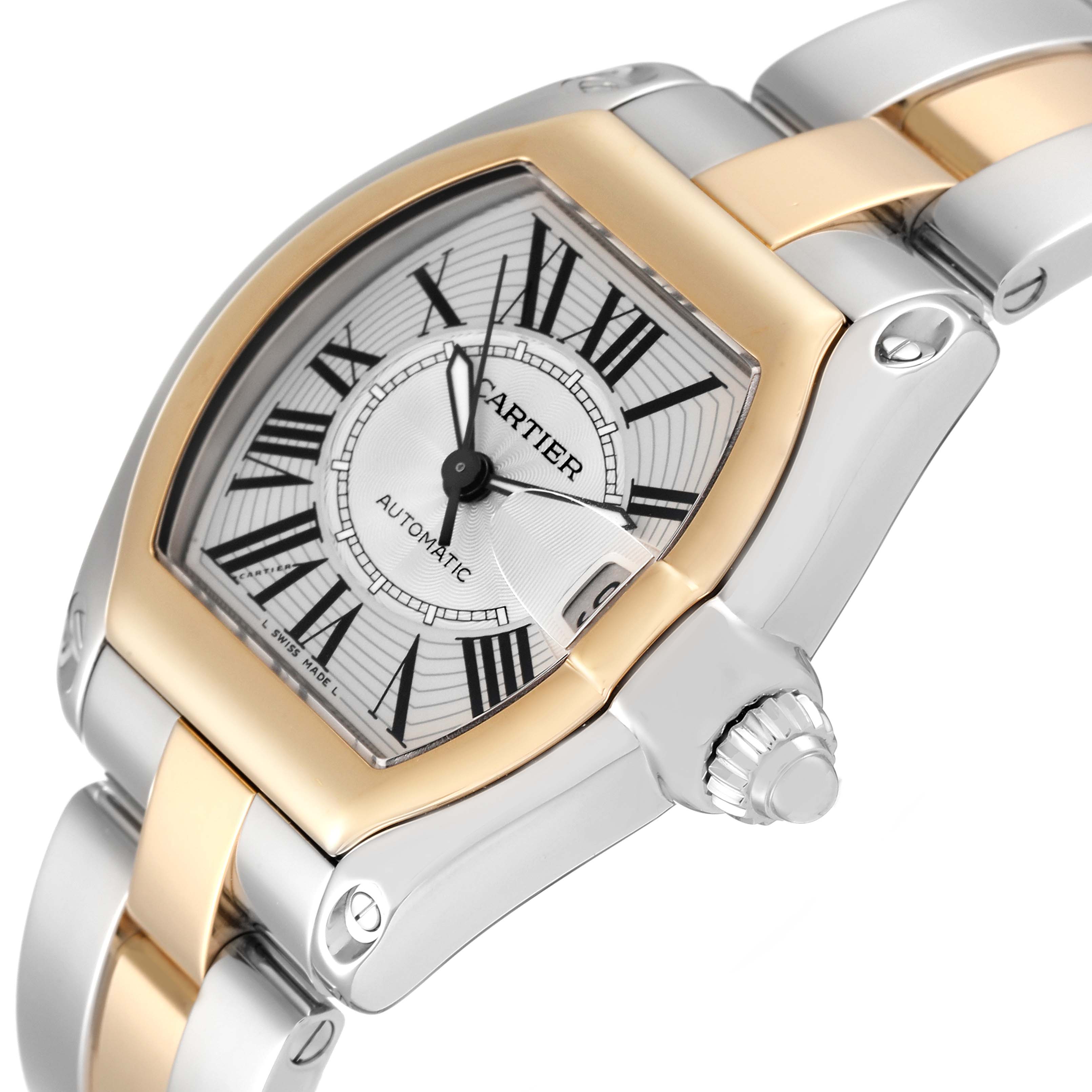 The Cartier Roadster W62031Y4 Men's Steel and Gold (two tone) Silver Dial W62031Y4 Men's Steel and Gold (two tone) Silver Dial watch is shown at an angle highlighting its face, crown, and part of the metal bracelet.