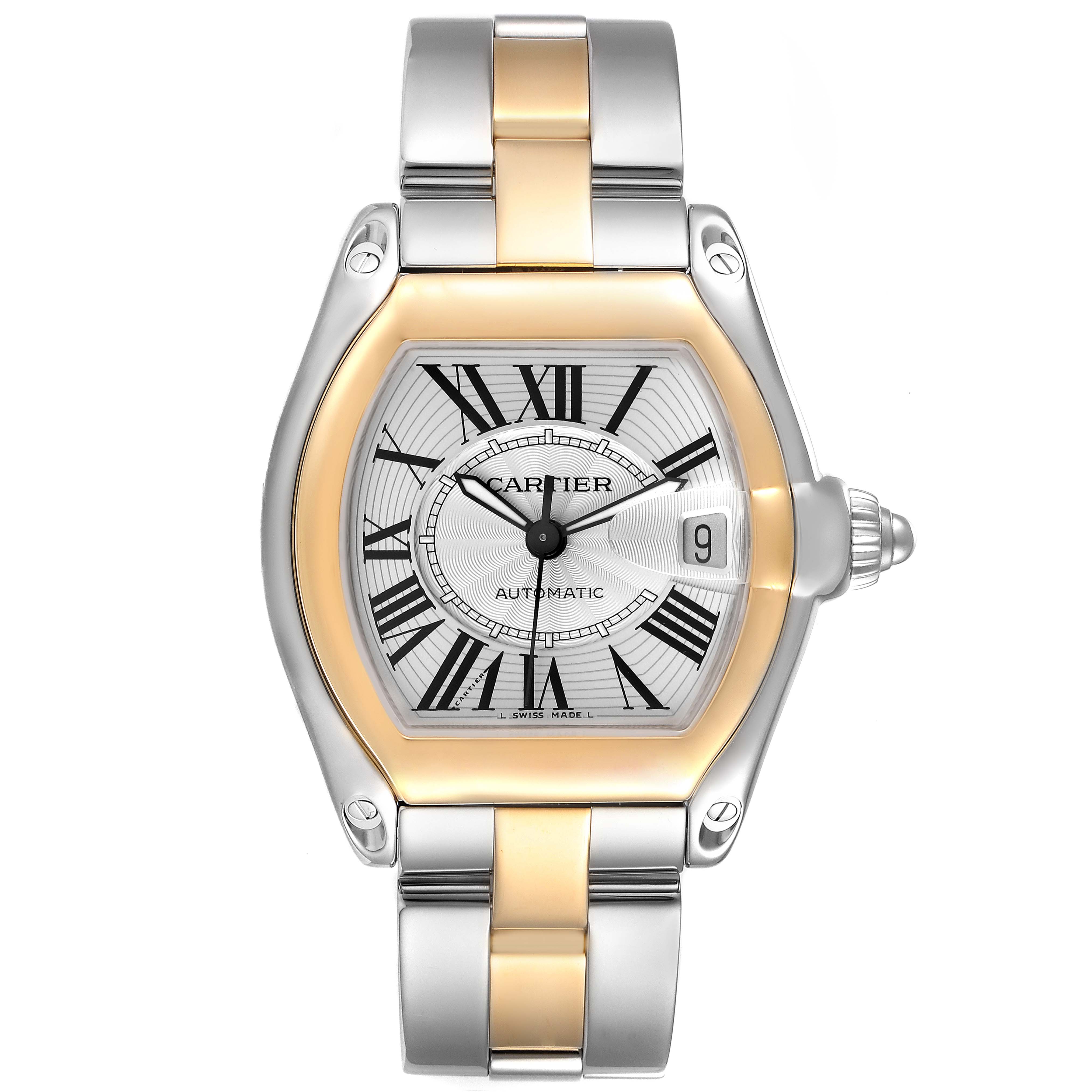 The image shows a front view of the Cartier Roadster W62031Y4 Men's Steel and Gold (two tone) Silver Dial W62031Y4 Men's Steel and Gold (two tone) Silver Dial watch with a silver and gold-tone bracelet and Roman numeral dial.
