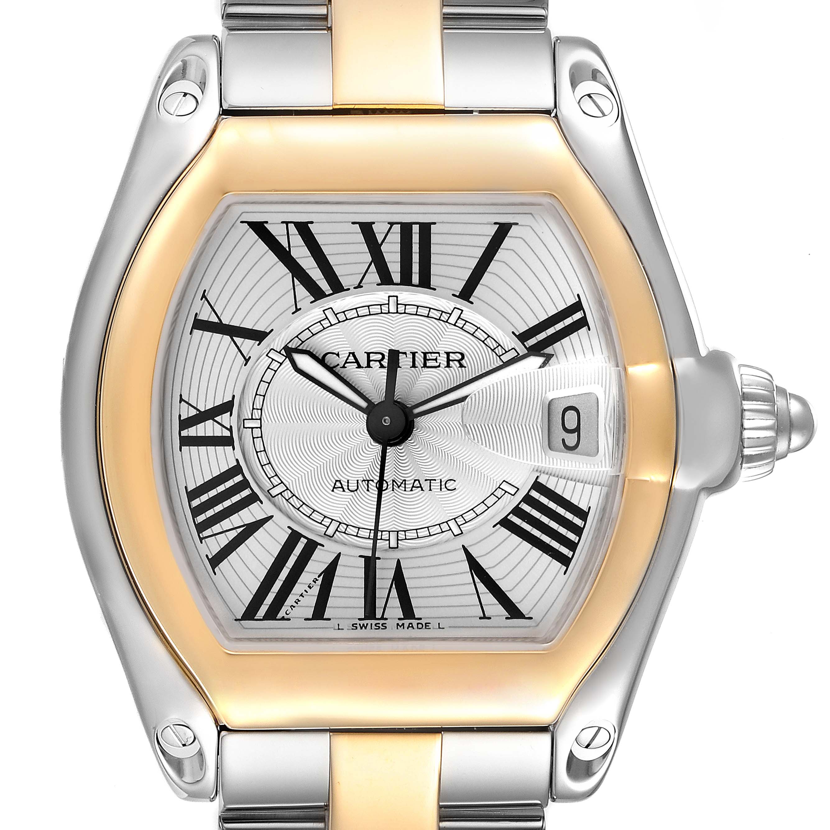 This is the front view of a Cartier Roadster W62031Y4 Men's Steel and Gold (two tone) Silver Dial W62031Y4 Men's Steel and Gold (two tone) Silver Dial watch, showing the dial, Roman numerals, hands, date window, and part of the metal bracelet.