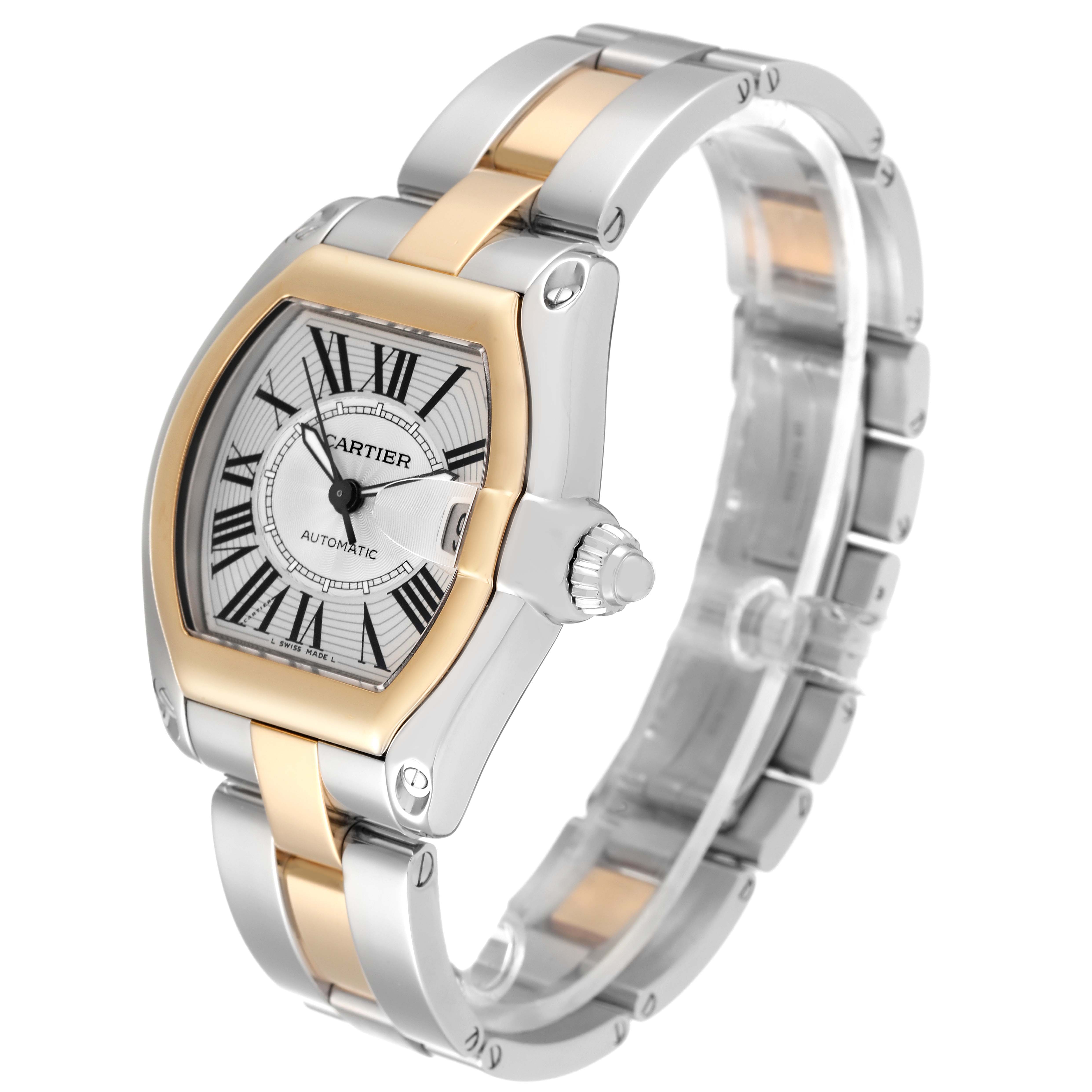 This is a side and front view of the Cartier Roadster W62031Y4 Men's Steel and Gold (two tone) Silver Dial W62031Y4 Men's Steel and Gold (two tone) Silver Dial watch, showing its face, bracelet, and crown.