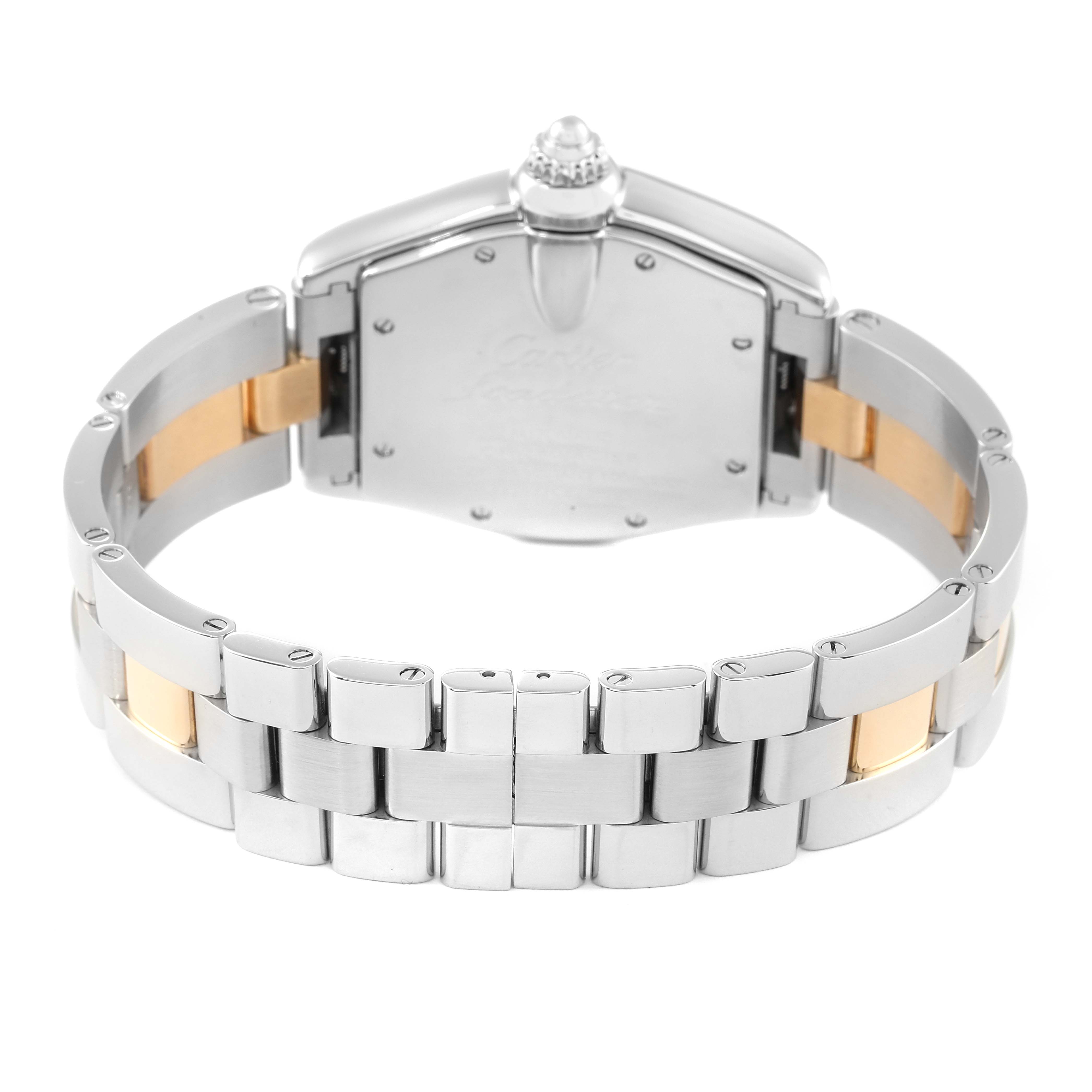 This image shows the back view of a Cartier Roadster W62031Y4 Men's Steel and Gold (two tone) Silver Dial W62031Y4 Men's Steel and Gold (two tone) Silver Dial watch highlighting its stainless steel and gold bracelet.
