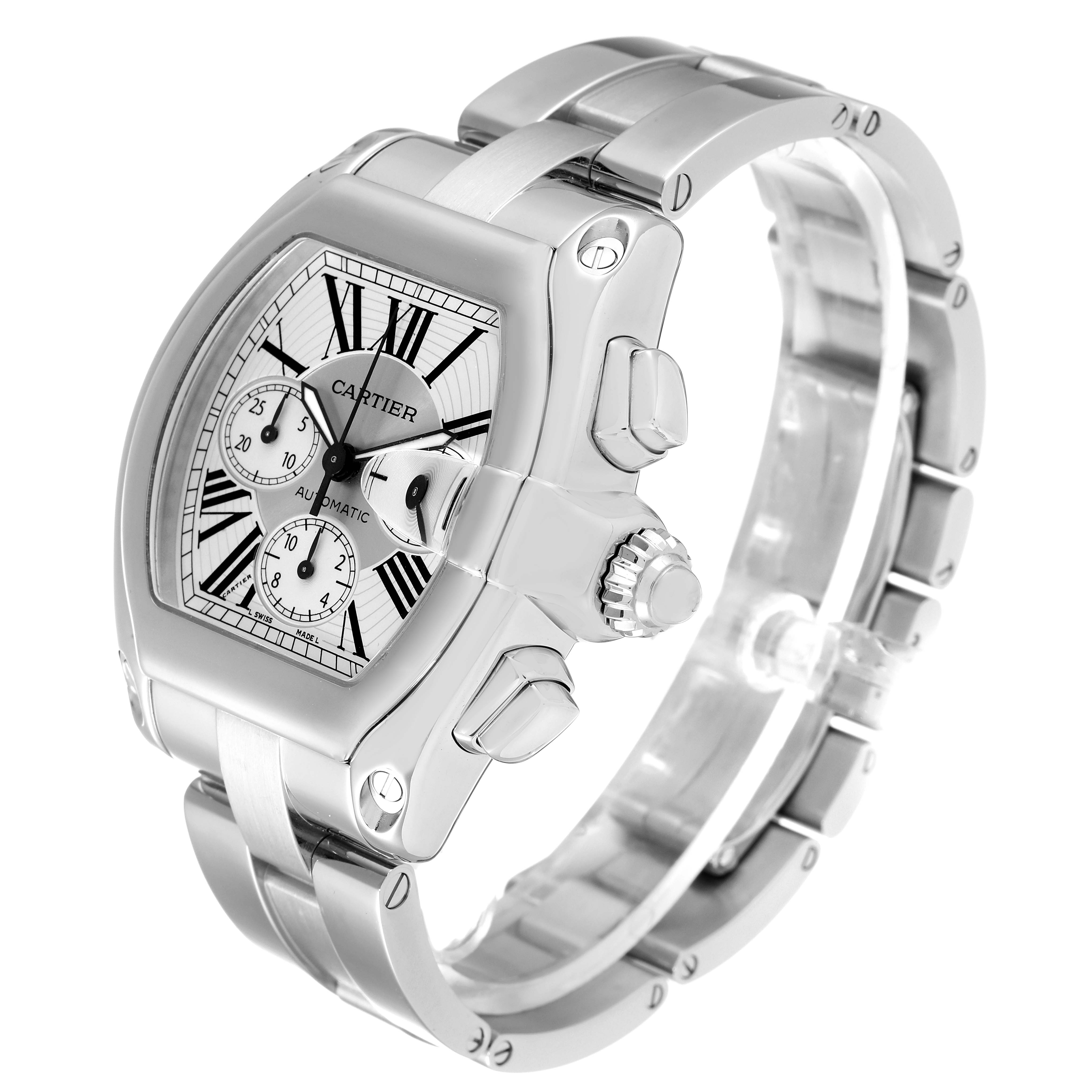 The Cartier Roadster W62019X6 Men's Stainless Steel Silver Dial W62019X6 Men's Stainless Steel Silver Dial watch is shown from a three-quarter angle, displaying the face, crown, pushers, and part of the bracelet.