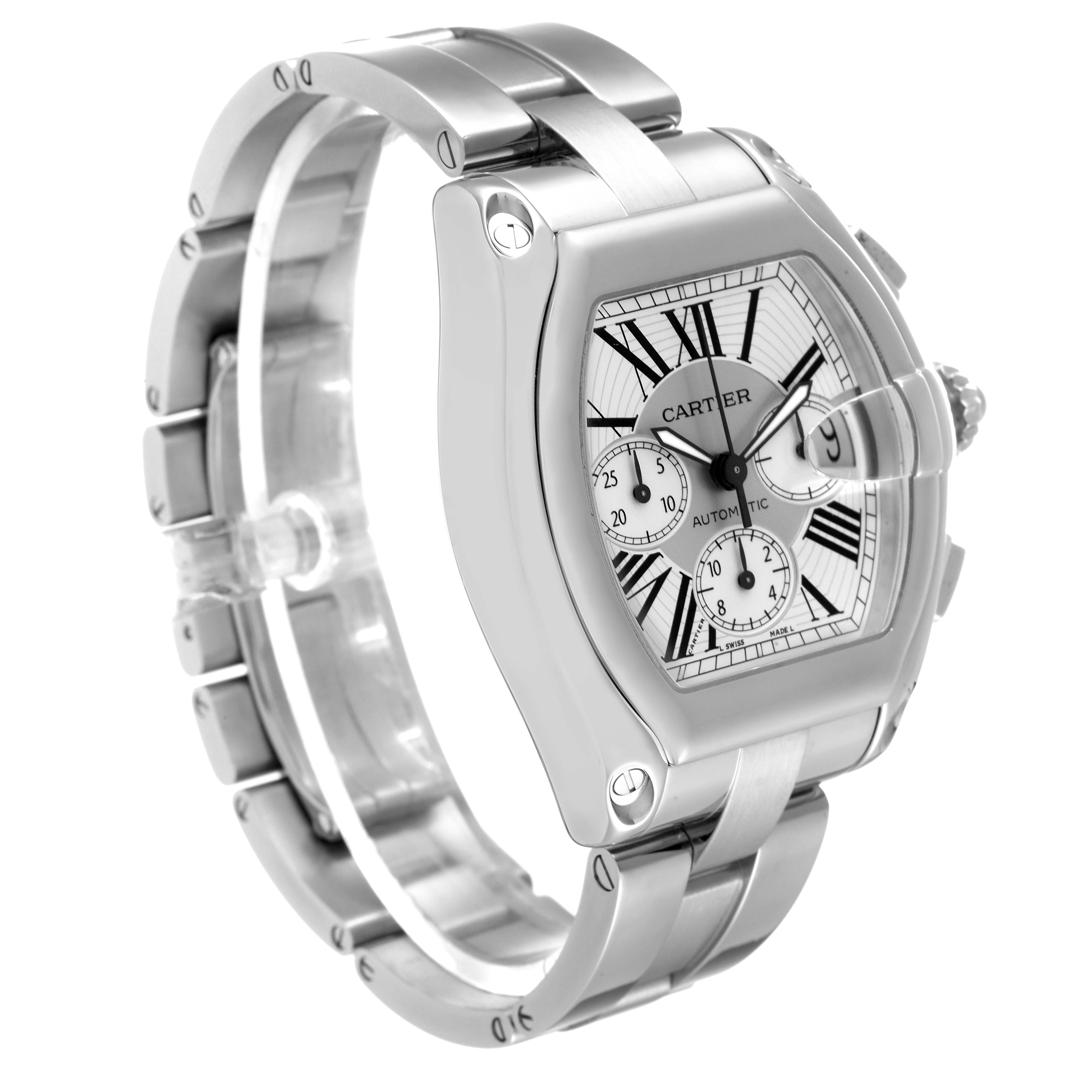 The image shows a side angle of the Cartier Roadster W62019X6 Men's Stainless Steel Silver Dial W62019X6 Men's Stainless Steel Silver Dial watch, highlighting its bracelet, dial, and case.