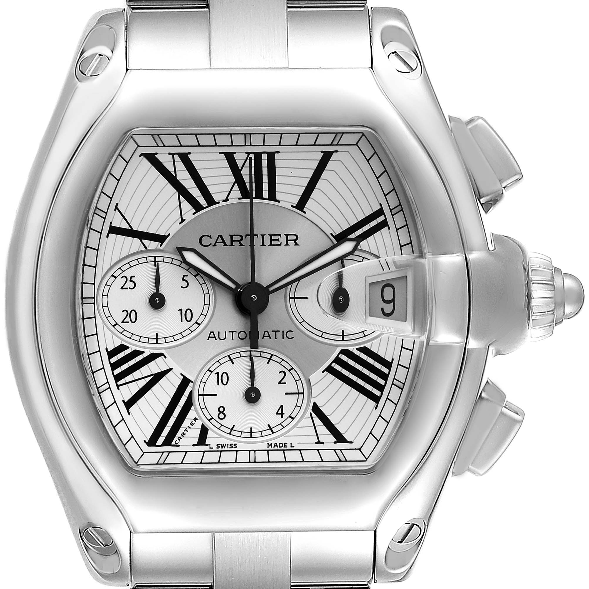 This is a frontal view of a Cartier Roadster W62019X6 Men's Stainless Steel Silver Dial W62019X6 Men's Stainless Steel Silver Dial watch, displaying its face, subdials, date window, and crown.