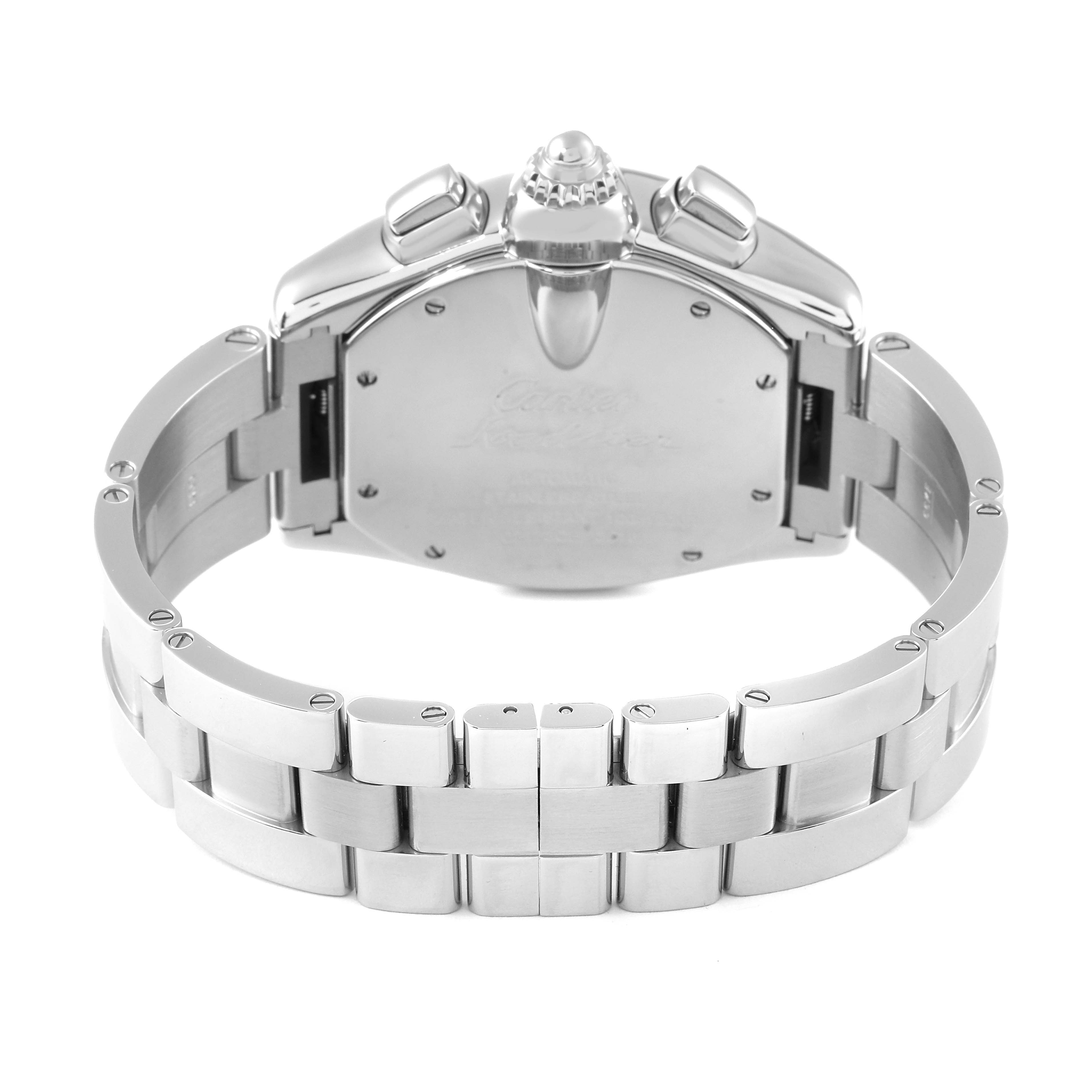 The image shows the back case, bracelet, and clasp of a Cartier Roadster W62019X6 Men's Stainless Steel Silver Dial W62019X6 Men's Stainless Steel Silver Dial watch.