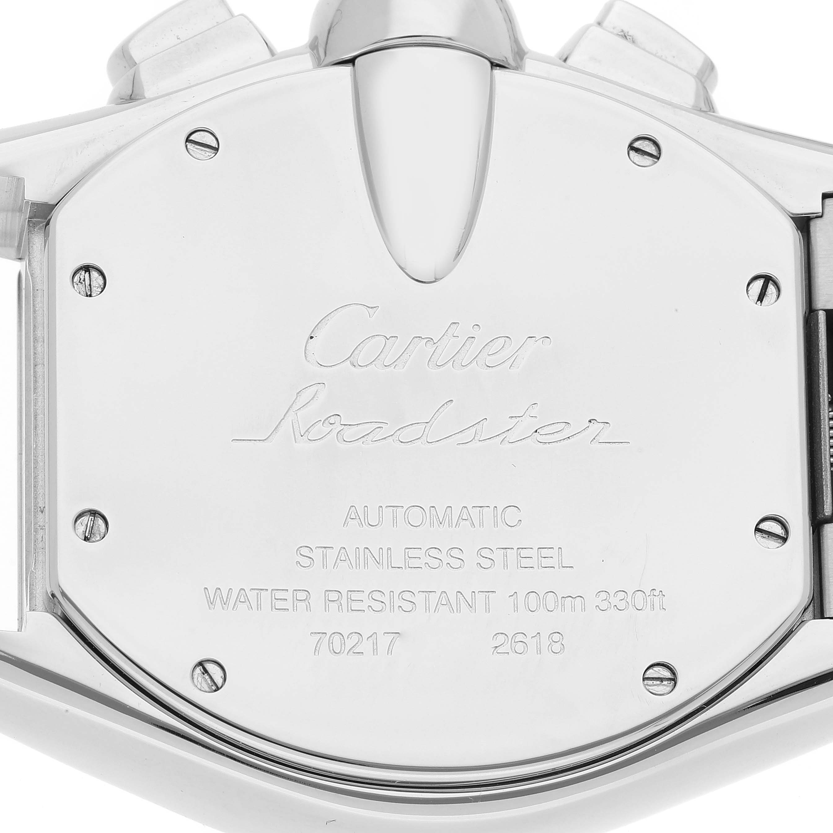 The image shows the case back of the Cartier Roadster W62019X6 Men's Stainless Steel Silver Dial W62019X6 Men's Stainless Steel Silver Dial watch in a close-up view.