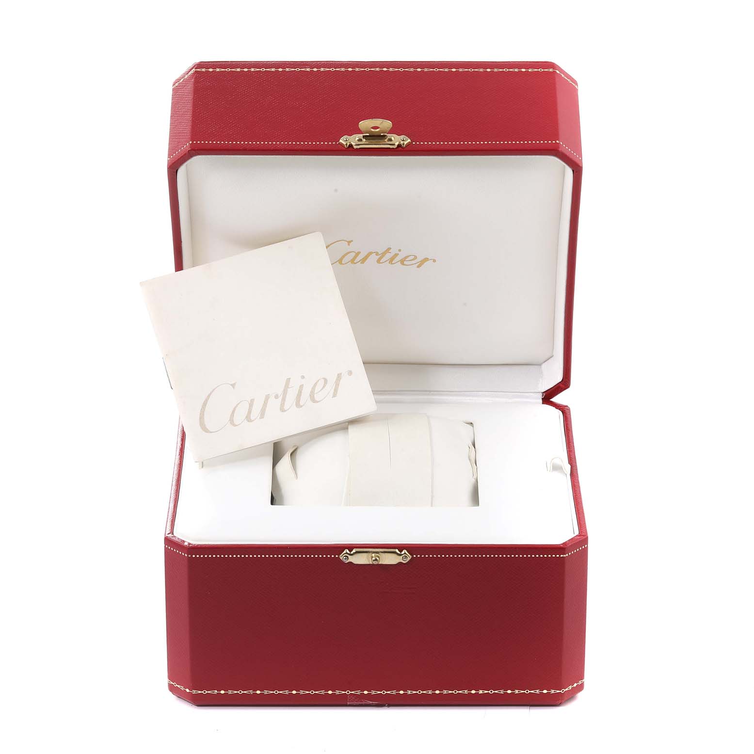 This image shows the Cartier Roadster W62019X6 Men's Stainless Steel Silver Dial W62019X6 Men's Stainless Steel Silver Dial watch box opened with a cushion and Cartier-branded documents.
