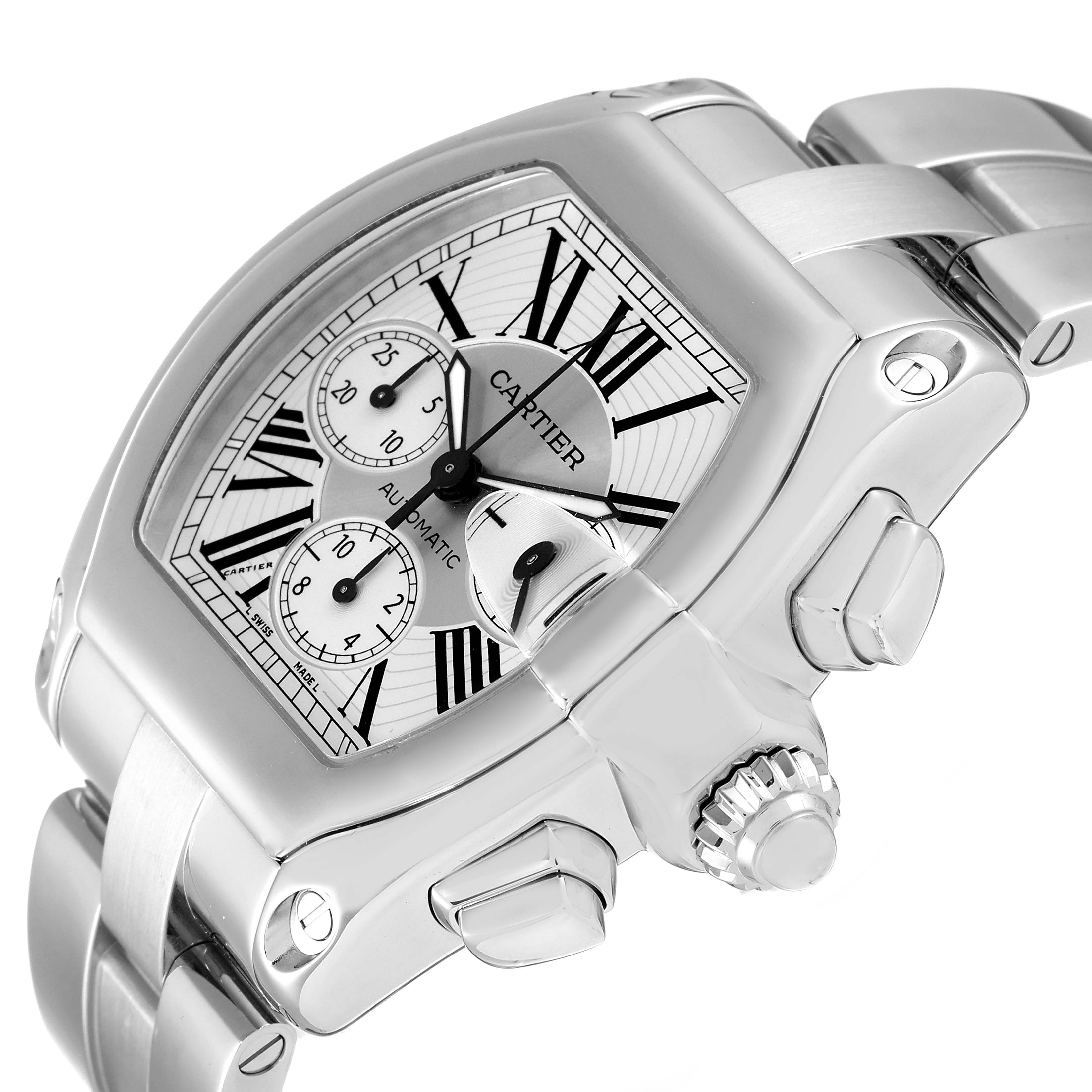 The Cartier Roadster W62019X6 Men's Stainless Steel Silver Dial W62019X6 Men's Stainless Steel Silver Dial watch is shown from a left-front angle, highlighting the case, dial, crown, and bracelet.