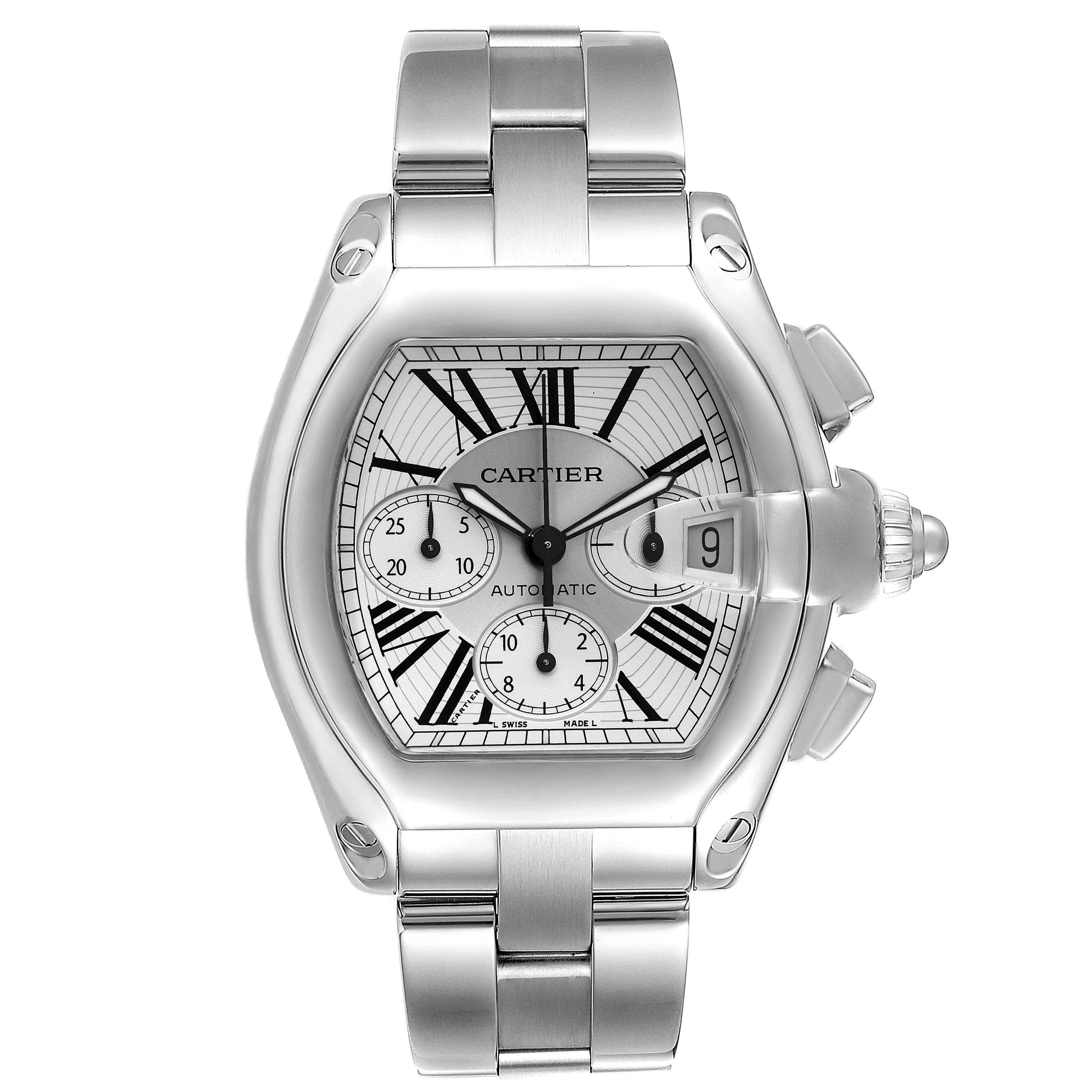 The Cartier Roadster W62019X6 Men's Stainless Steel Silver Dial W62019X6 Men's Stainless Steel Silver Dial watch is shown from a front angle, displaying the face, bezel, crown, and metal bracelet.